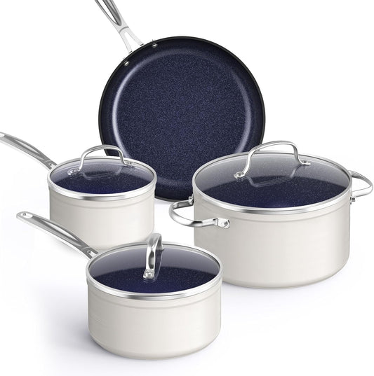 Nuwave Healthy Duralon Blue Ceramic Nonstick Coated 7pc Cookware Set, Scratch-Resistant Diamond Infused, PFAS Free, Induction Ready & Evenly Heats, Oven Safe, Tempered Glass Lids