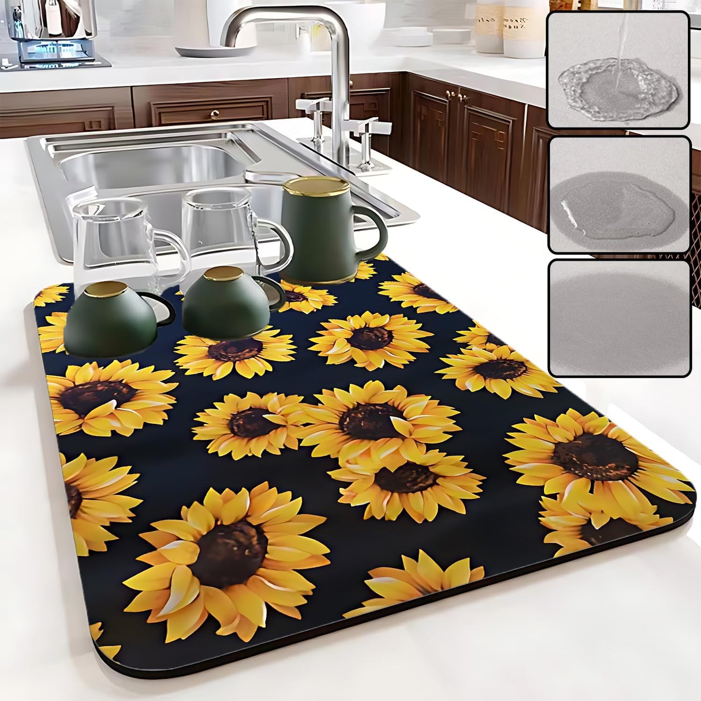 Dish Drying Mat Foldable Fall Kitchen Drying Mat Absorbent Sink Mat Multi-Purpose Coffee Pad Easy To Clean,Kitchen Gadgets,sunflower decor(sunflower) (12inches*16inches)