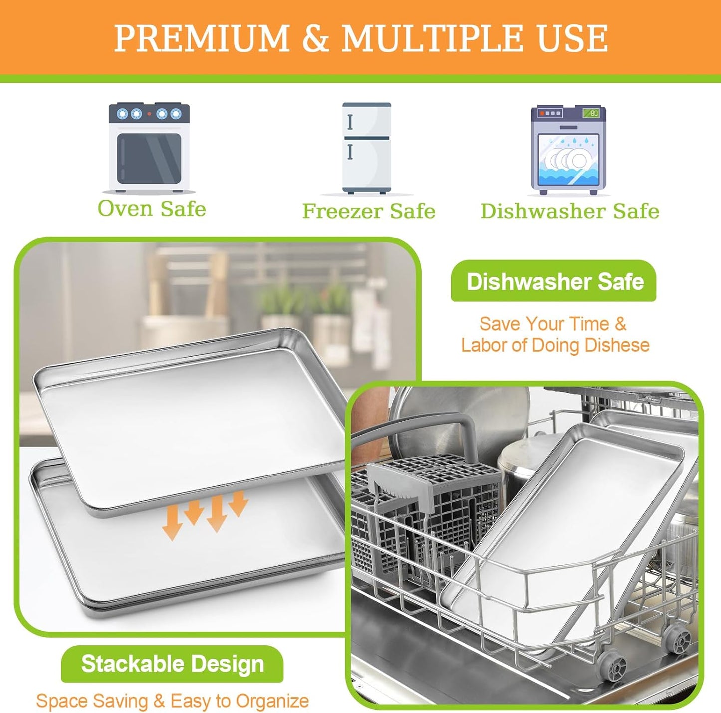CEKEE Stainless Steel Cookie Sheets for Baking, 2PCS Stainless Steel Baking Sheet, Size 12 x 10 x 0.98 Inch，Heavy Duty & Easy Clean Baking Pans Tray Set