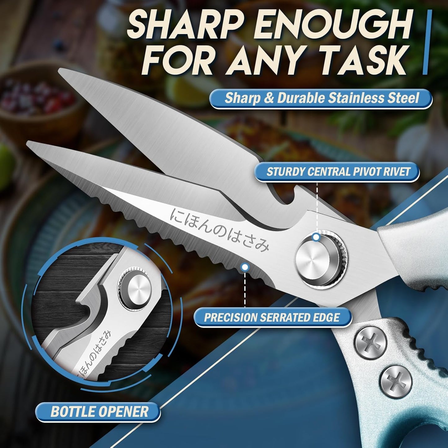 TIJERAS Kitchen Scissors Set Blue - Stainless Steel Kitchen Shear, Sharp Meat Scissors Dishwasher Safe, Heavy Duty Poultry Shears, Japanese Cooking Scissor for Food, Chicken Bones, and Turkey