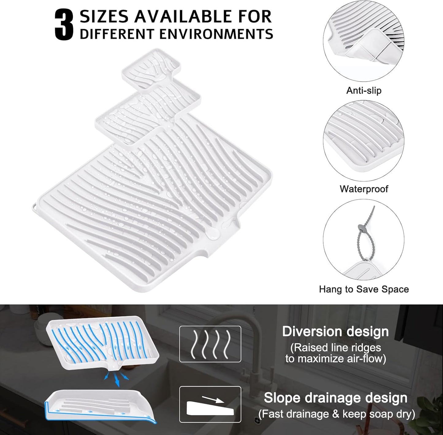 Silicone Dish Drying Mat for Kitchen Counter, Dish Drying Pad, Non-Slip Drain Pad with Built-in Drain, Heat Resistant Stone Drying Mat, 1 set (Ivory)