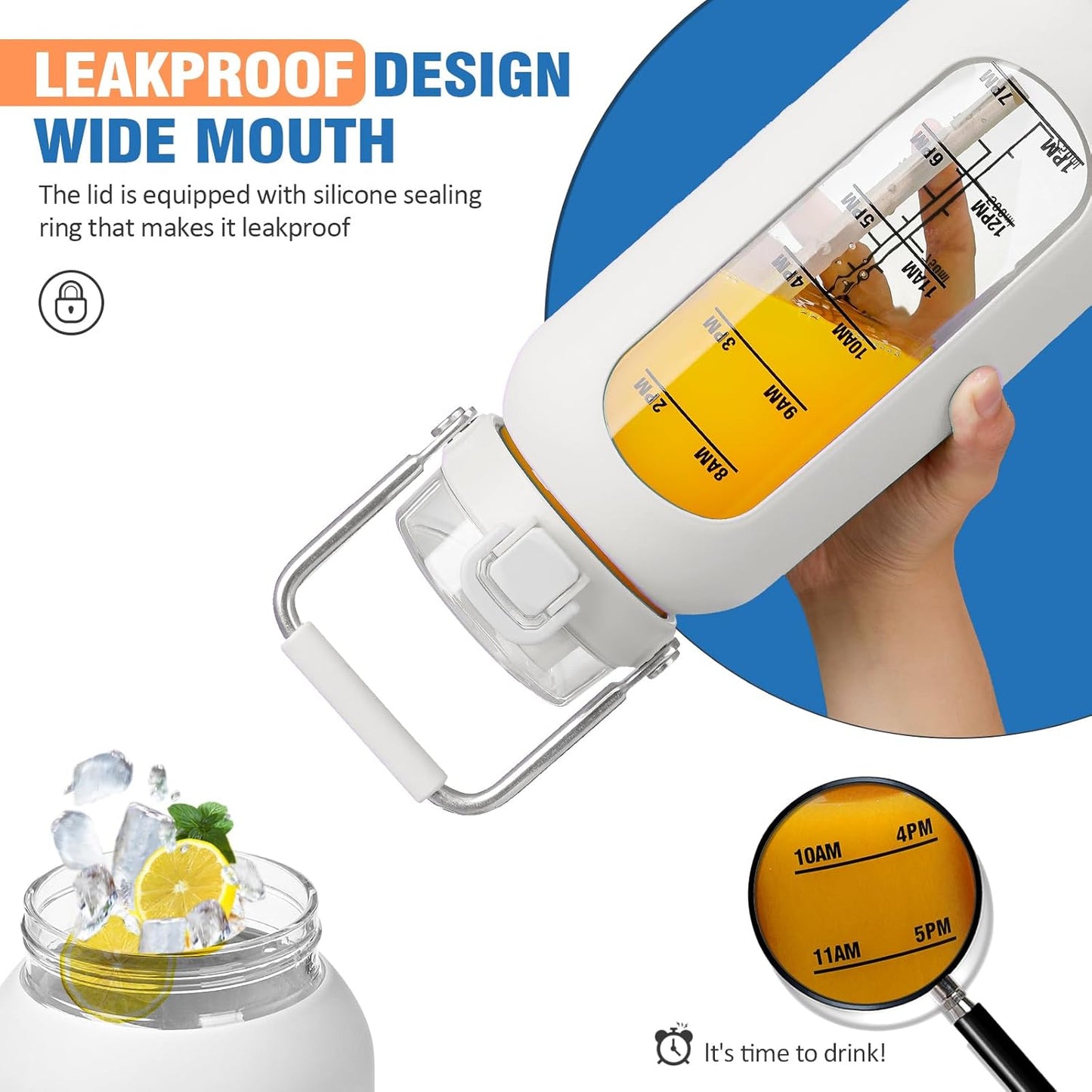 kytffu 64 oz Glass Water Bottle with Straw and Stainless Steel Handle, Half Gallon Water Bottle with Silicone Sleeve and Time Marker, 2L Large Glass Bottle for Gym, School, Travel, Leak-proof (White)