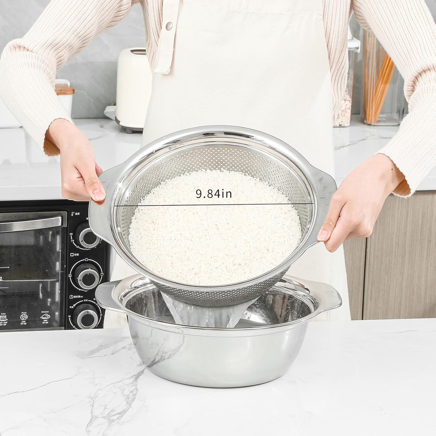 304 Stainless Steel Microporous Colander with Handle, Rice Washers Microporous Strainer Set For washing vegetables, fruits and rice, and draining cooked pasta.