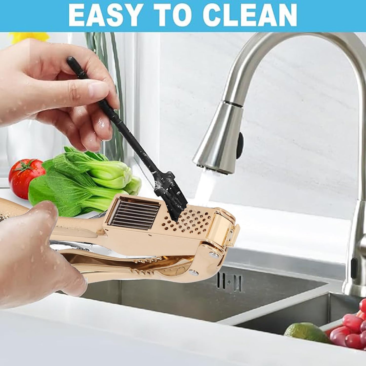 Garlic Press and Slicer 2 in 1, Rust Proof & Dishwasher Safe Professional Garlic Mincer Tool, Effortlessly Crush and Mince Garlic with this Ergonomic Handle-Garlic Peeler & Brush ANCQMI(Gold)