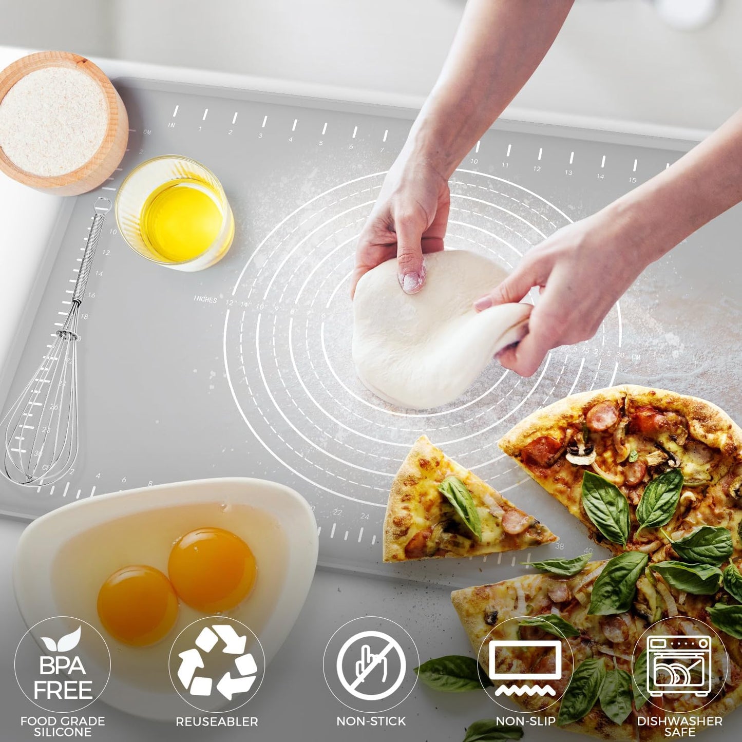 Silicone Baking Mat 32" x 24", Extra Thick Dough Rolling Mat with Measurements and Edge Heightening, Non-stick Food Grade Silicone Pastry Mat for for Pastry, Bread, Cookies, Pizza, Fondant, Pasta