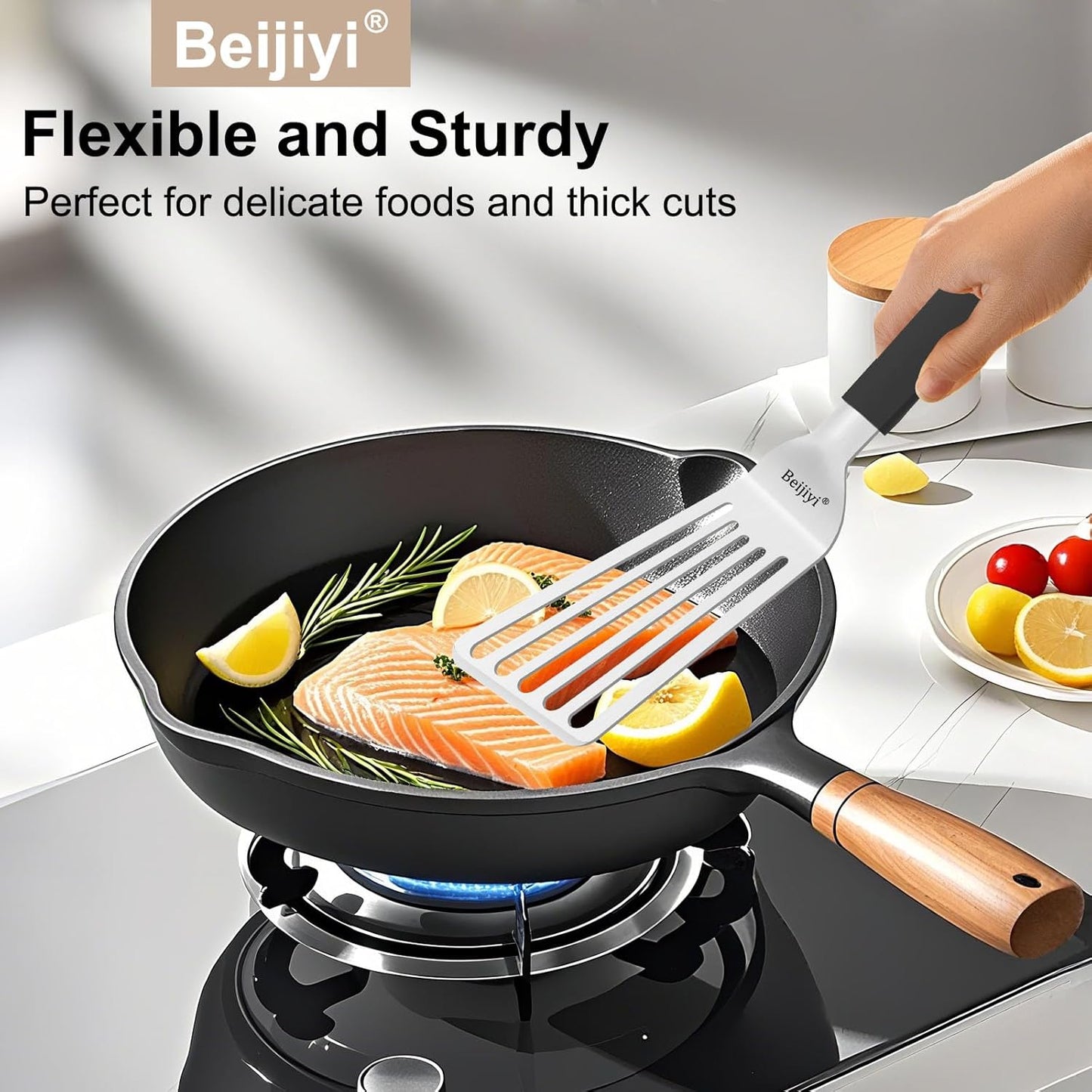 Beijiyi 11.3" Fish Spatula, Stainless Steel Slotted Spatula for Cooking Flipping Fish, Egg, Burger, Metal Kitchen Turner for Cast Iron Skillet with Silicone Handle, 1.2mm Thickened Blade