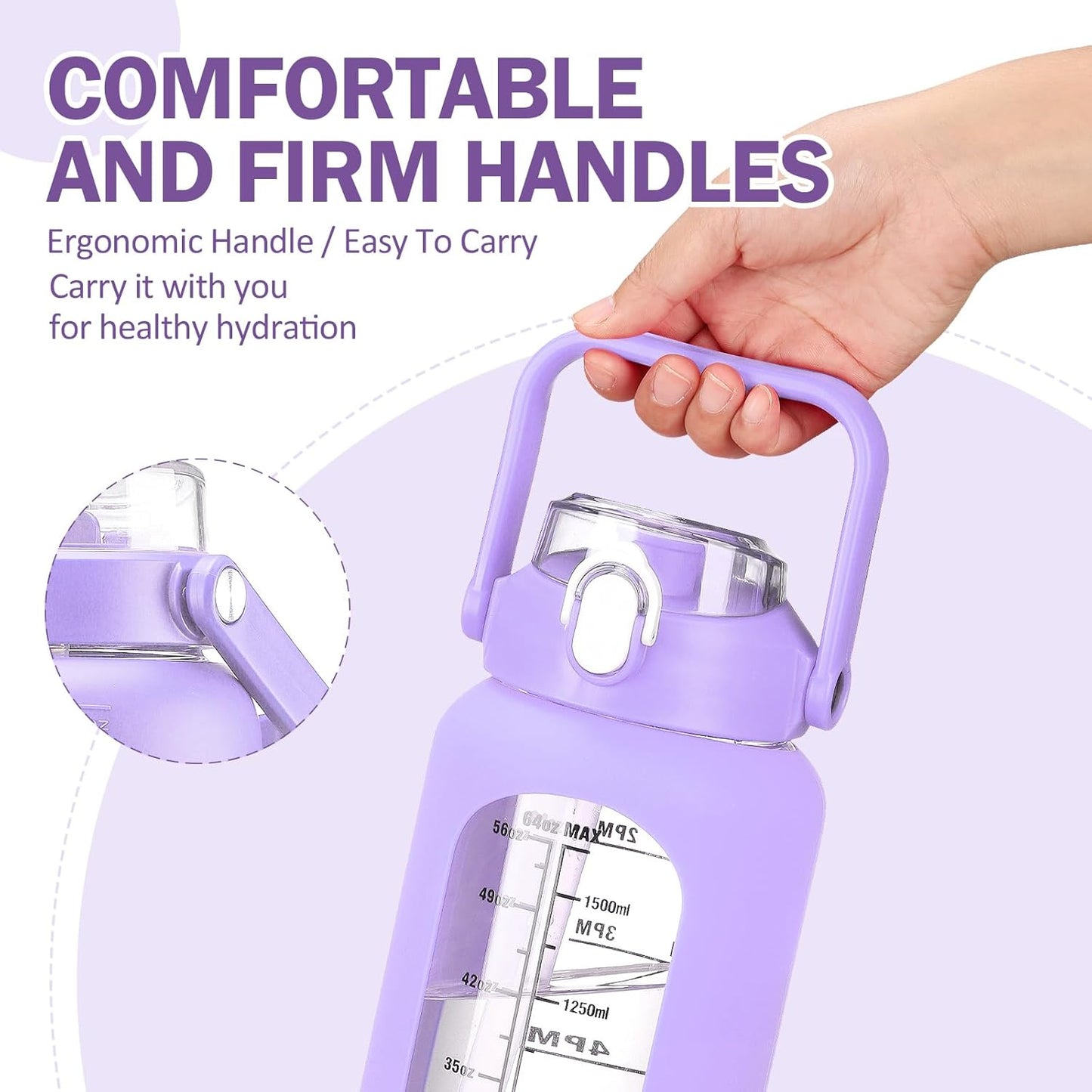 kytffu 64oz Glass Water Bottles with Straw, Half Gallon Motivational Glass Bottle with Silicone Sleeve and Time Marker, 2L Leakproof Large Glass Water Jug for Gym Home Office, Purple