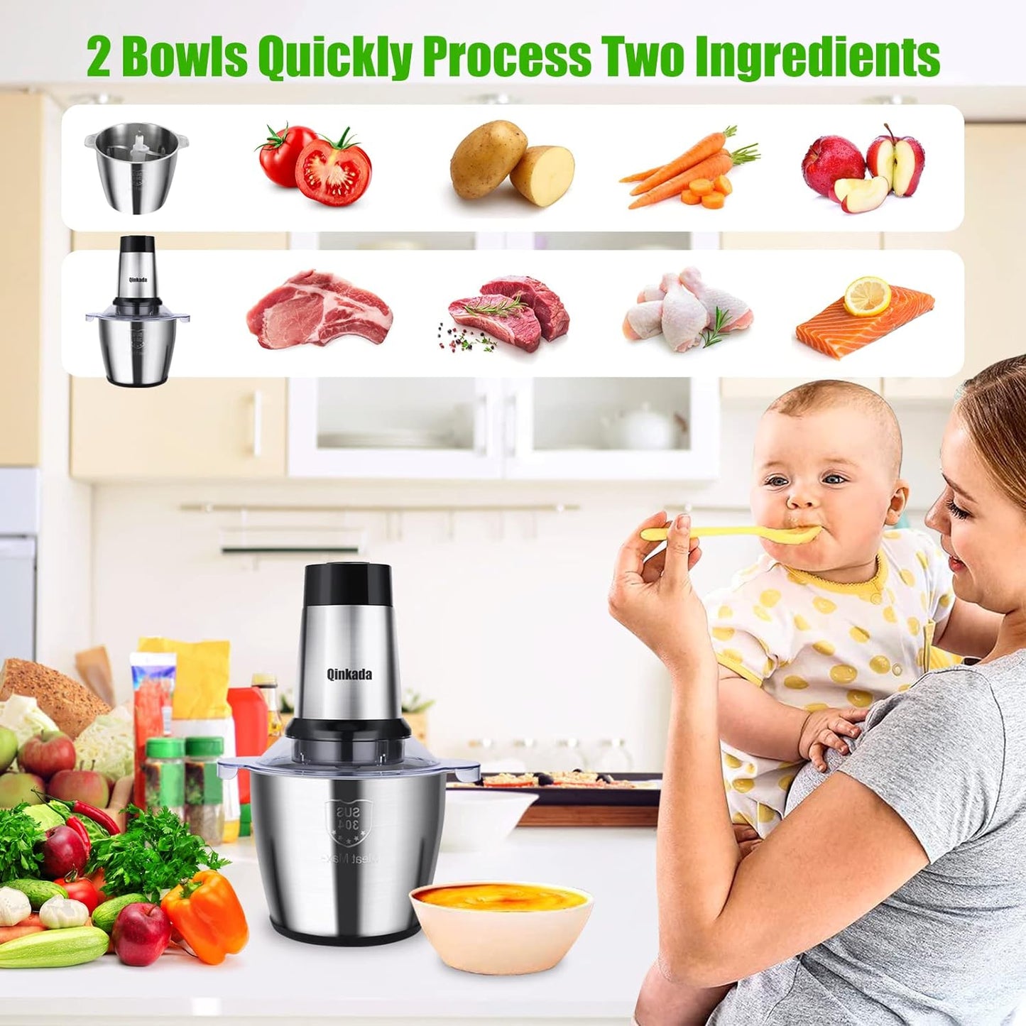 Food Processor, 2 Stainless Steel Bowls, 14Cup, 500W Powerful Electric Meat Grinder, 3 Speed Modes 4 Bi-Level Blades for Onion, Meat, Nuts, Fruit, Garlic, Vegetable, Baby Food