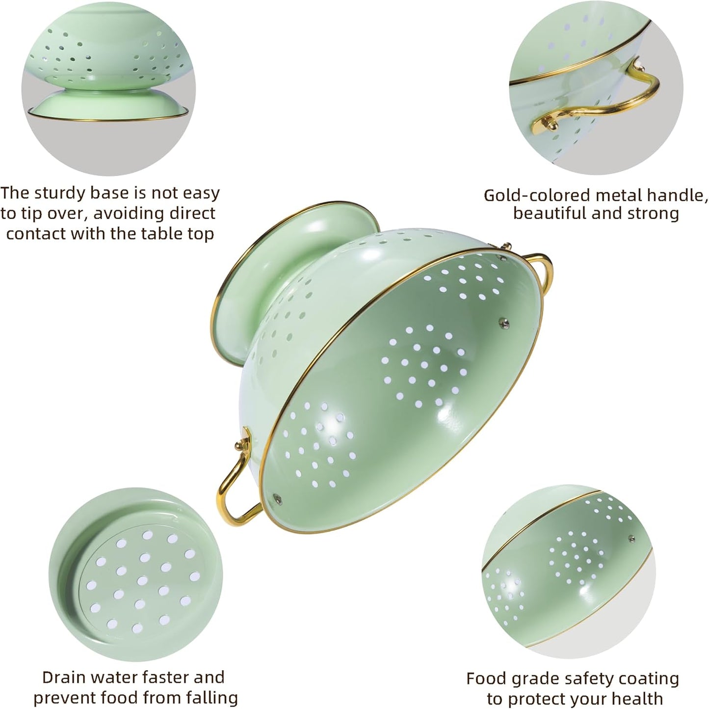 Metal Colander Set of 3, Strainer Basket with Handles perfect for Spaghetti, Pasta, Berry, Vegetable, Fruit, Solid Base Powder Coated Kitchen Essential Strainer Set, 1 & 3.5 & 5 Qt (Green)