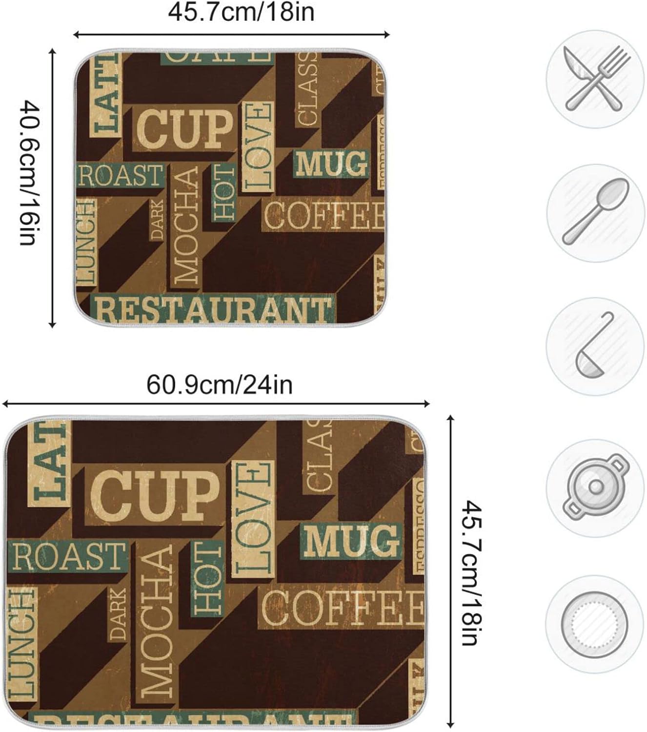 senya Super Absorbent Dish Drying Mat, Microfiber Fast-Drying 24'' x 18'', Kitchen Pad, Coffee Themed Seamless Retro