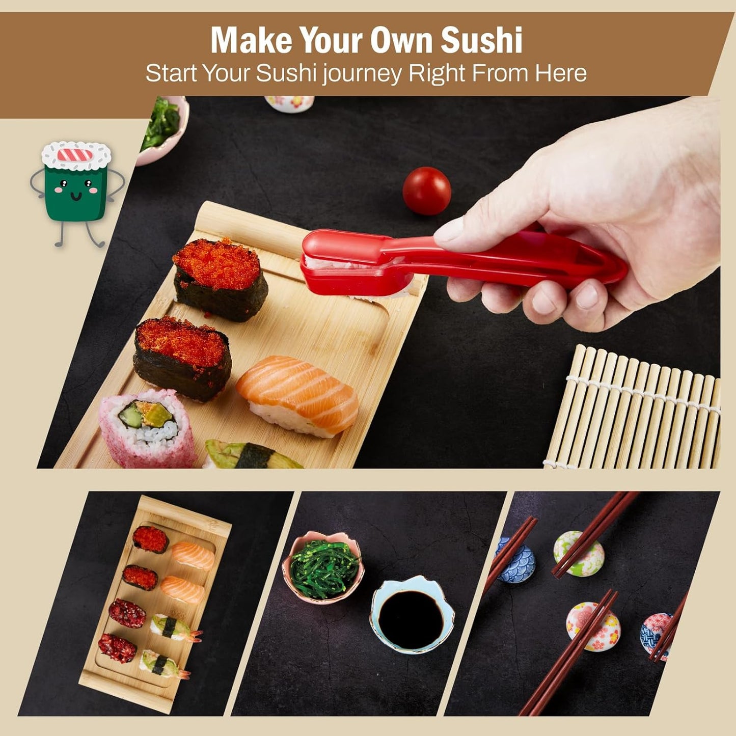 Deluxe Sushi Making Kit 25-in-1 Bazooka Roller Set, Bamboo Mat,Knife,Sauce Tray,Japanese Sashimi Sushi Bamboo Serving Geta Plate,and More - Perfect for Beginners