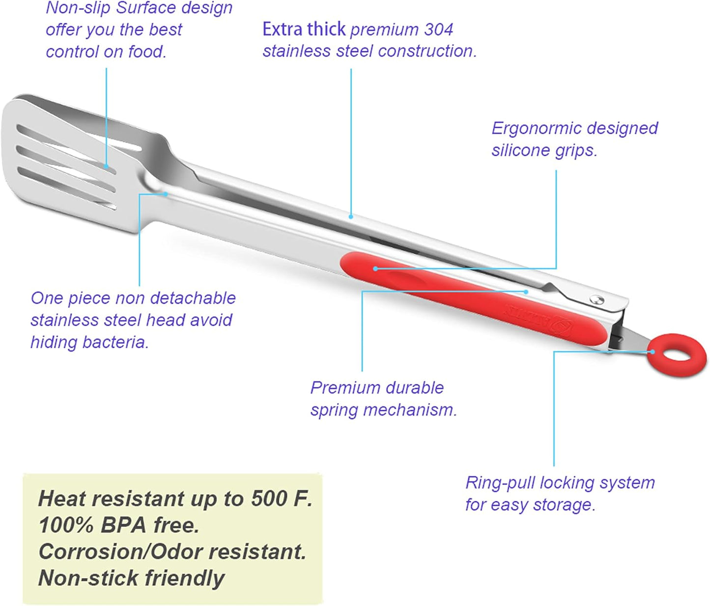 Premium 304 Stainless Steel Barbecue Turners, Heavy Duty Non-Stick BBQ Cooking Kitchen Tongs, 9" and 12" Red