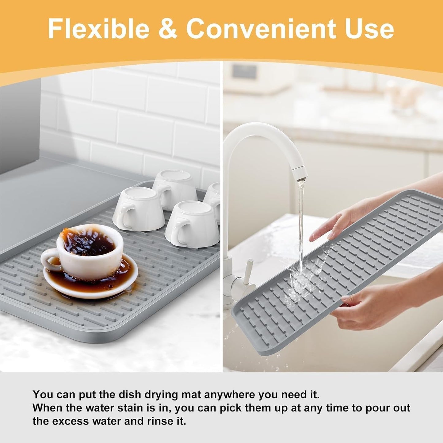 Silicone Coffee Mat,16'' x 16'' Coffee Bar Mat with Detachable Dish Drying Mat for Kitchen Countertops,Coffee Bar Accessories Fit Under Coffee Maker Coffee Machine Espresso Machine Dish Rack