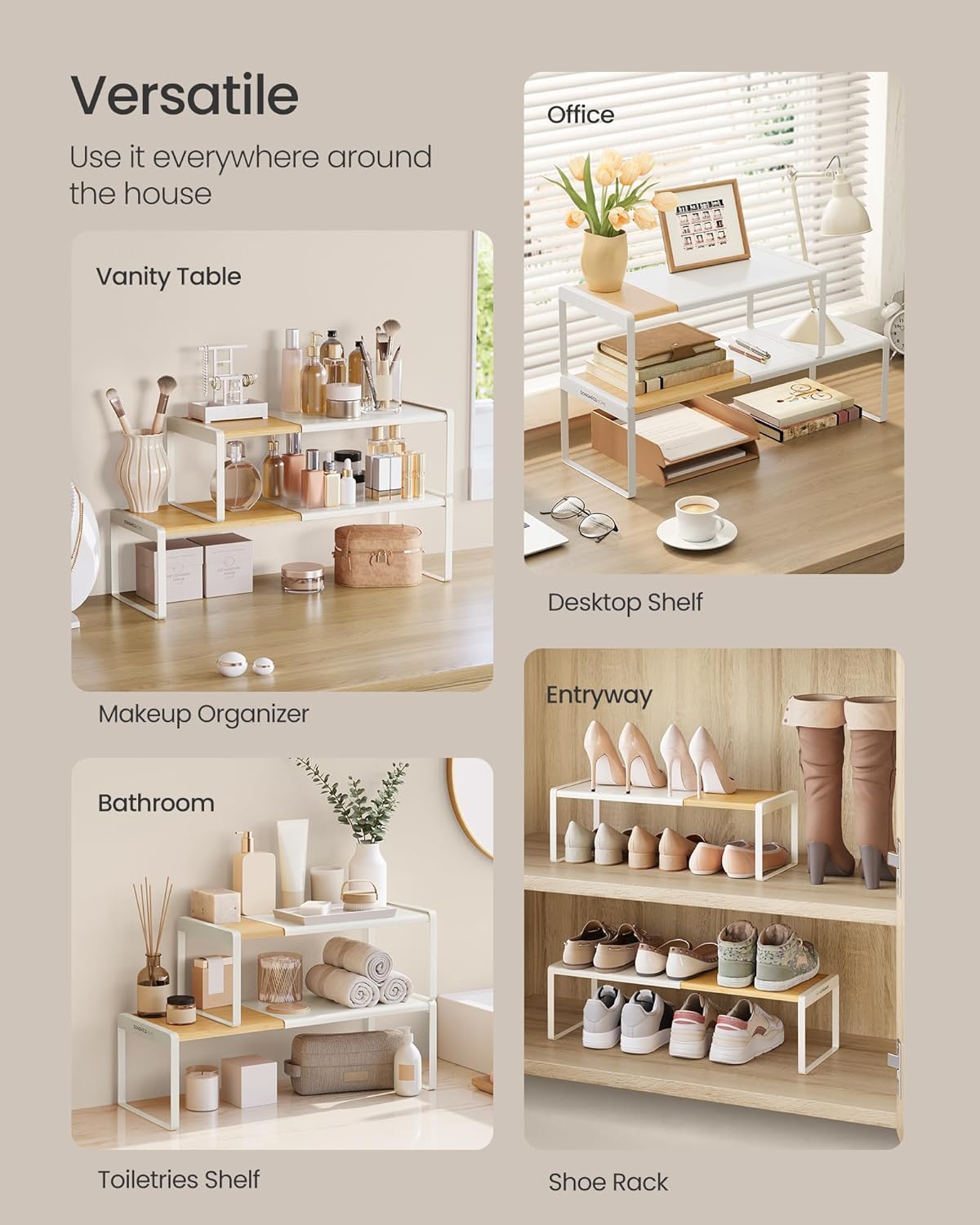 SONGMICS HOME Spice Racks, Expandable Cupboard Shelf Orgnizers, Kitchen Counter Shelves, Bamboo and Metal, Space-Saving Shelving, Stackable, Light Bamboo and Cream White UKCS051N01