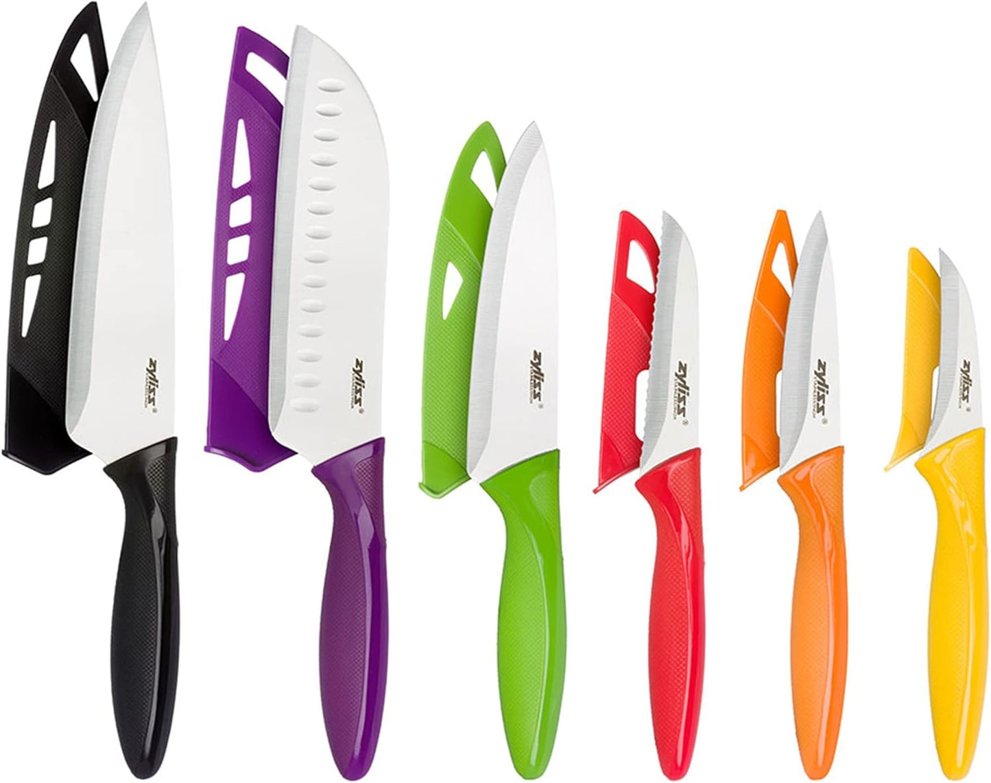 Zyliss 6 Piece Knife Value Set - Kitchen Knife Set with Sheath Covers - Chef's, Santoku, Utility, Serrated Paring, Paring & Peeling Knives - Stainless Steel