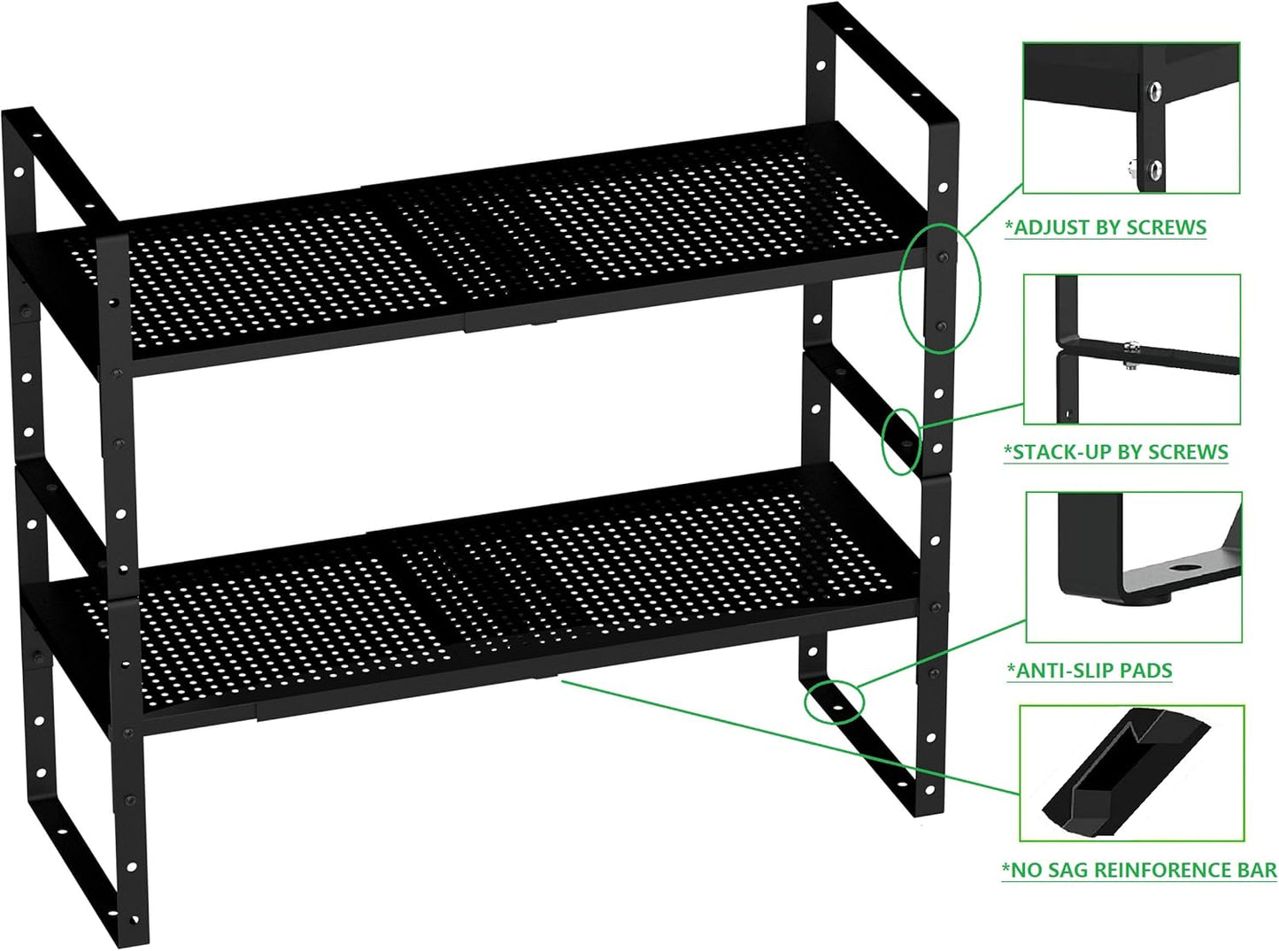 Expandable Shoe Rack Stackable Metal Pantry Storage Shelves Stand Adjustable Height Cabinet Shelf Organizer Racks Spice Shelving(3PACKS/BLACK,LARGE)