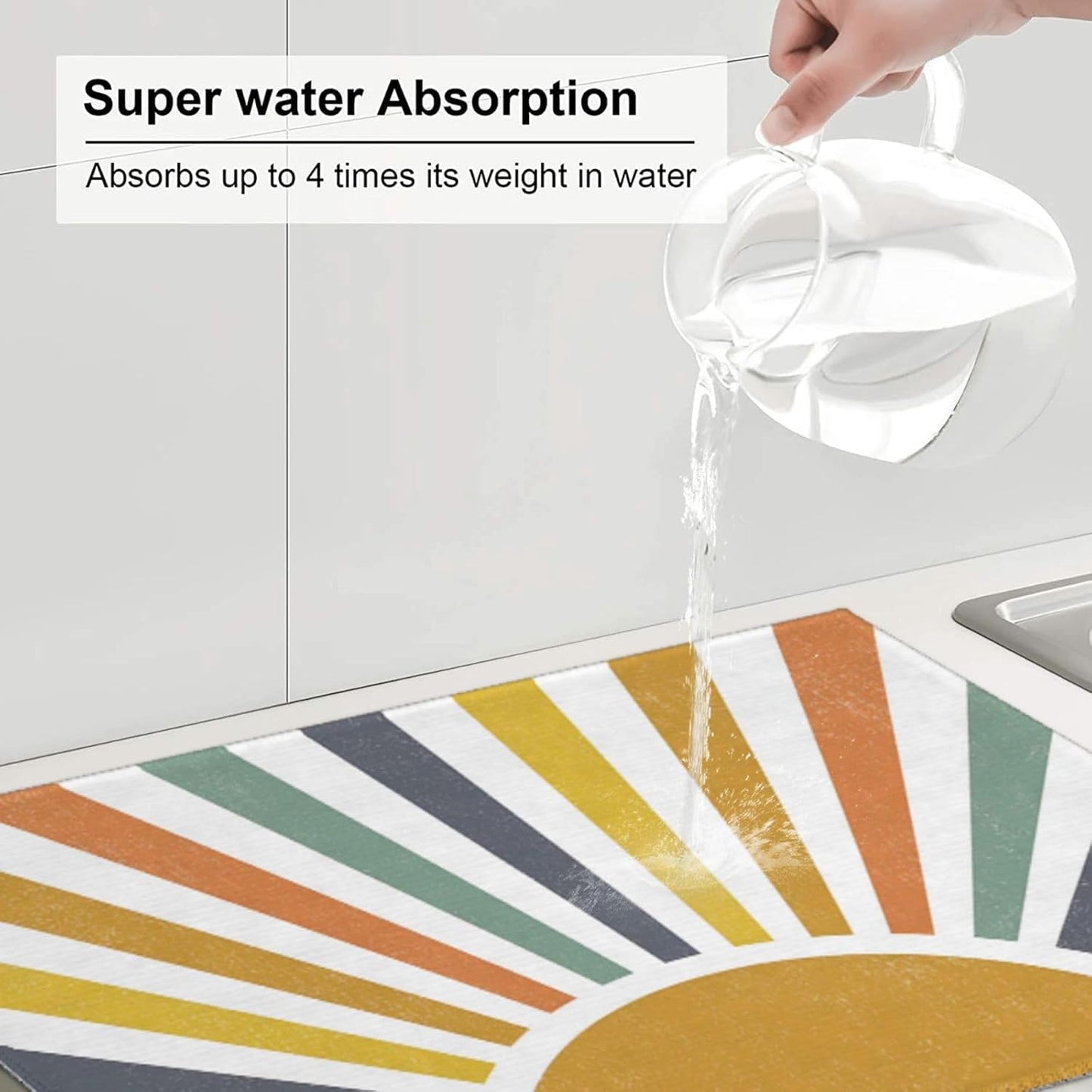 Sunshine Dish Drying Mat 18x24 for Kitchen Counter, Stripes Yellow Sun Decorative Absorbent Coffee Mat Dish Drying Pad Coffee Bar Dish Drainer Rack Mat Drainer Mat