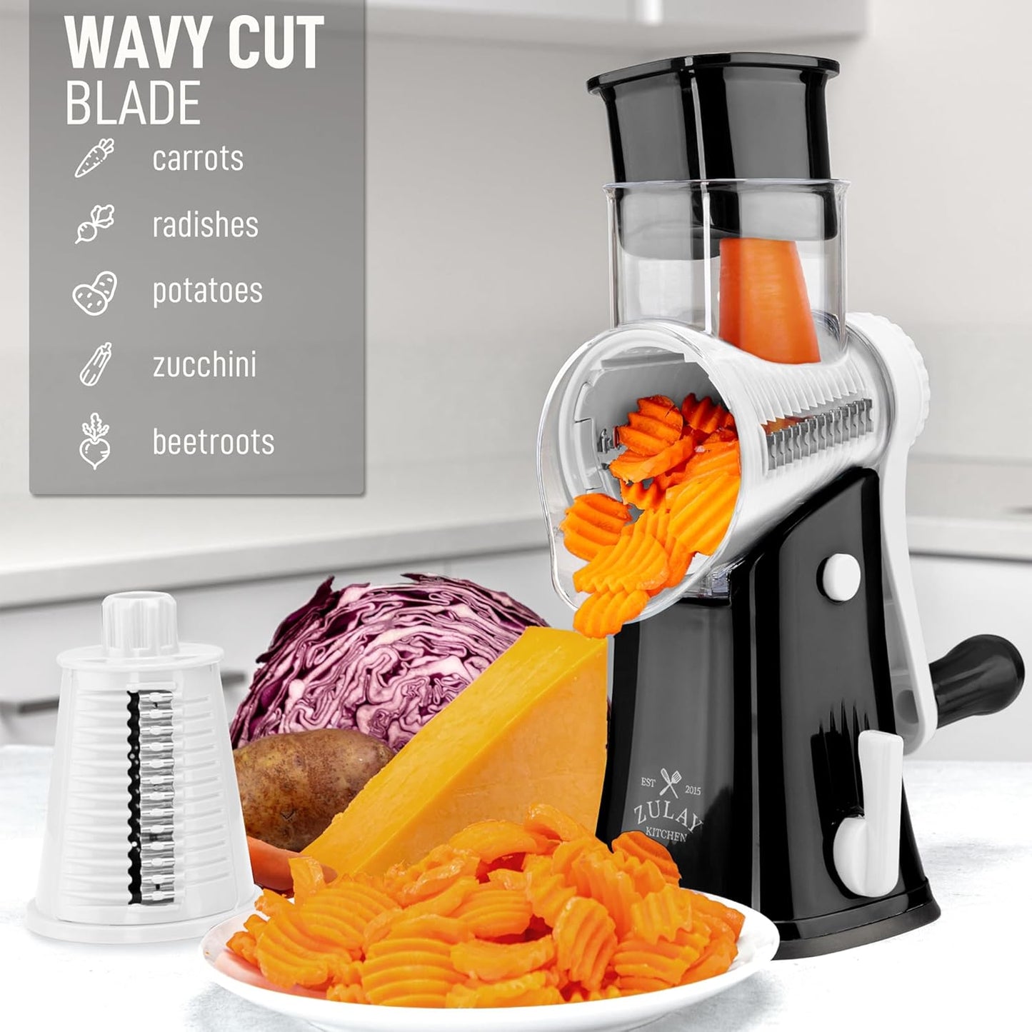 Zulay Kitchen Rotary Cheese Grater 5 Blade Cheese Shredder - Manual Hand Crank Cheese Grater With Reinforced Suction & 5 Interchangeable Drums - Easy to Use, Vegetable Chopper Round Mandoline Slicer