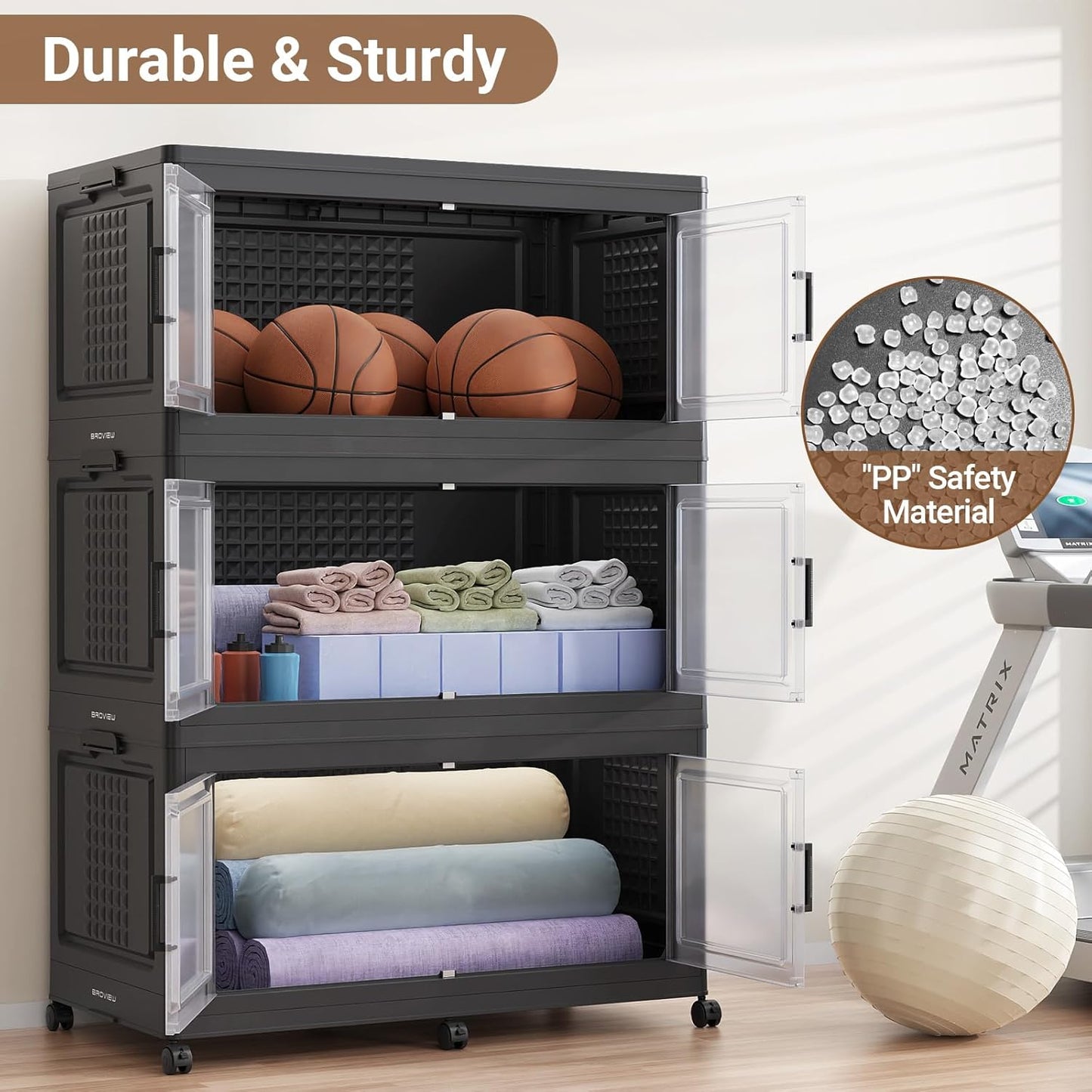 52.7"H 150Gal Plastic Storage Bins with Lid & Wheels,3Pack Extra Large Stackable Storage Bins with Dividers,Closet Organizers and Storage Cabinet Shelves Collapsible Box for Home Kitchen,Black