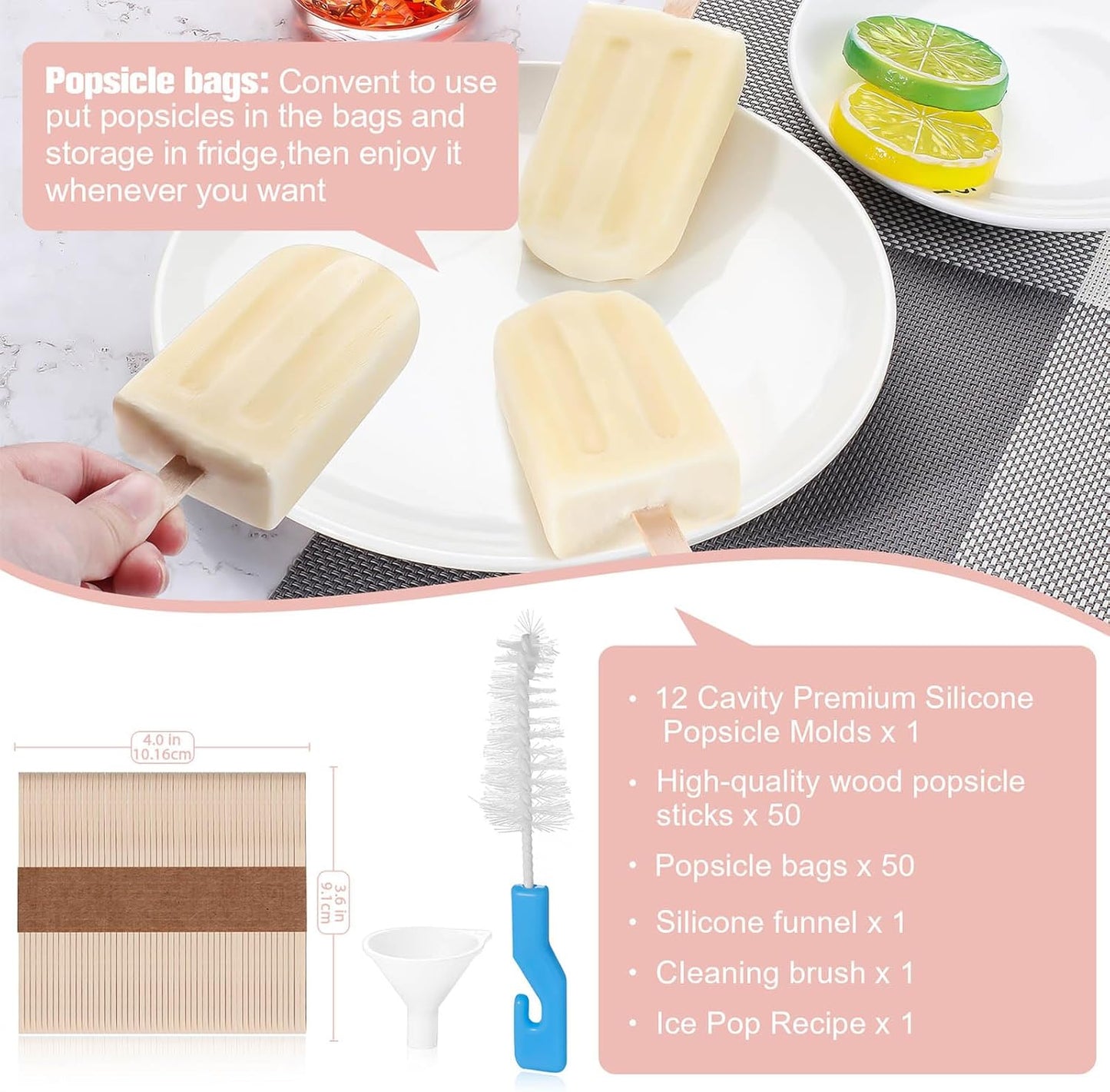 Silicone Popsicles Molds,Ice Pop Cream Mold Set Homemade Toddler Popsicle Maker For Kids Para Paletas De Helado Kulfi BPA Free, with 50 Sticks, 50 Bags,50 wire Ties (Pink)