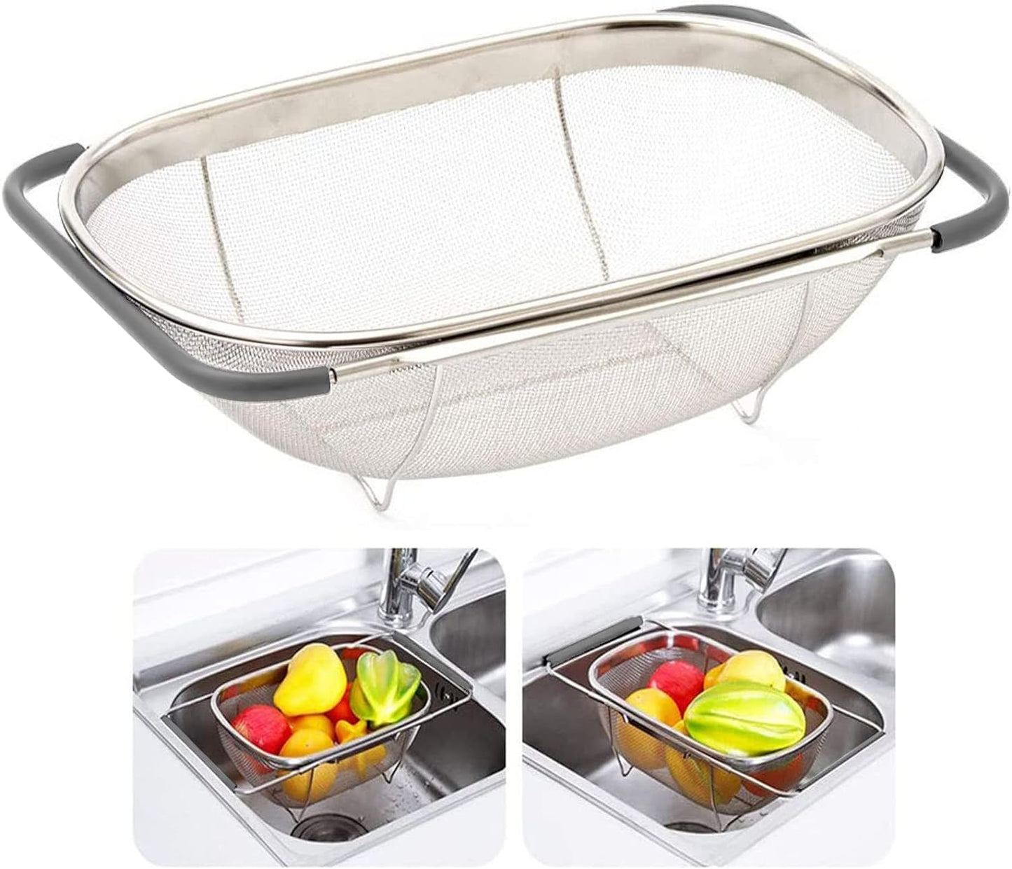 Over The Sink Colander, 6 Quarts Stainless Steel Oval Colander with Expandable Rubber Grip Handle, Fine Mesh Strainer Baskets Kitchen Colanders for Strain, Drain, Rinse Vegetables, Fruits, Grey