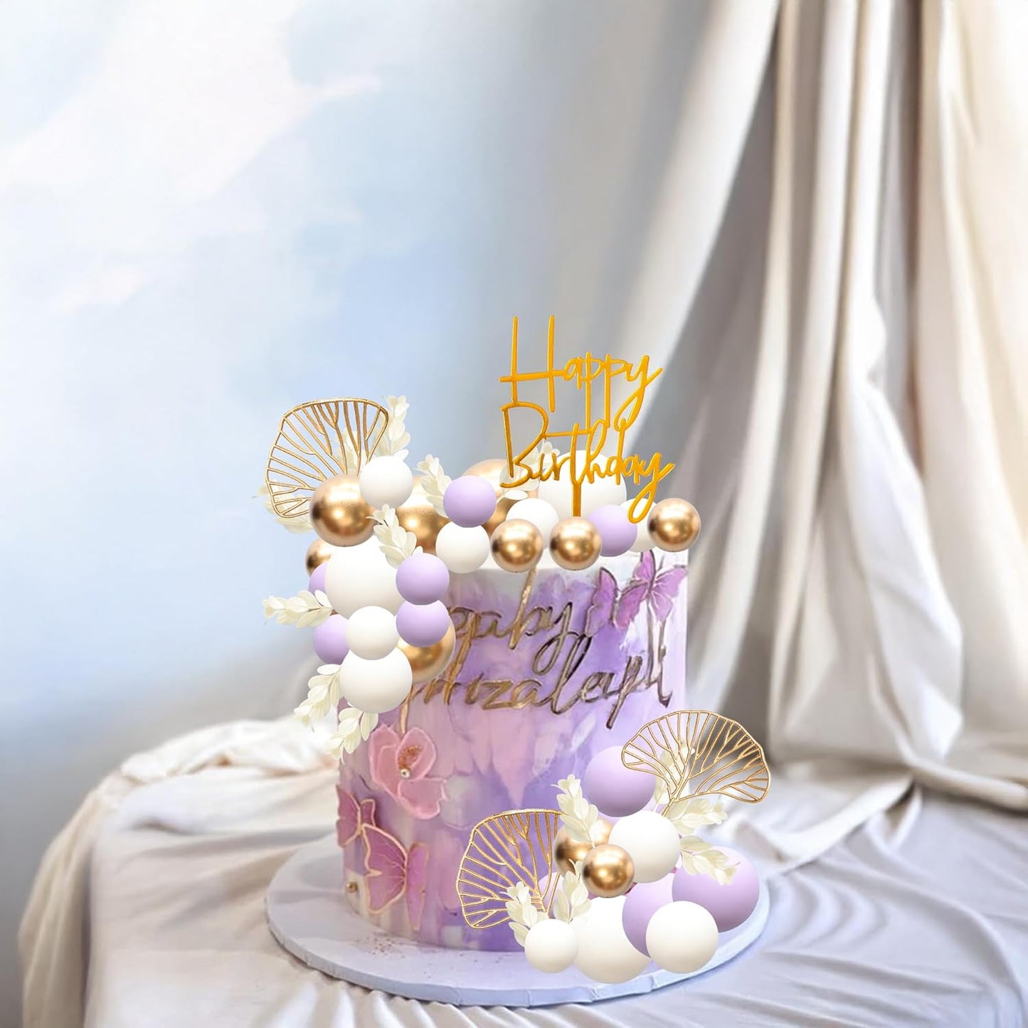 Gyufise 57Pcs Balls Cake Topper Boho Grass Cake topper Pearl Balls Acrylic Happy Birthday Cake Decorations for Wedding Baby Shower Birthday Boho Themed Party Supplies Purple