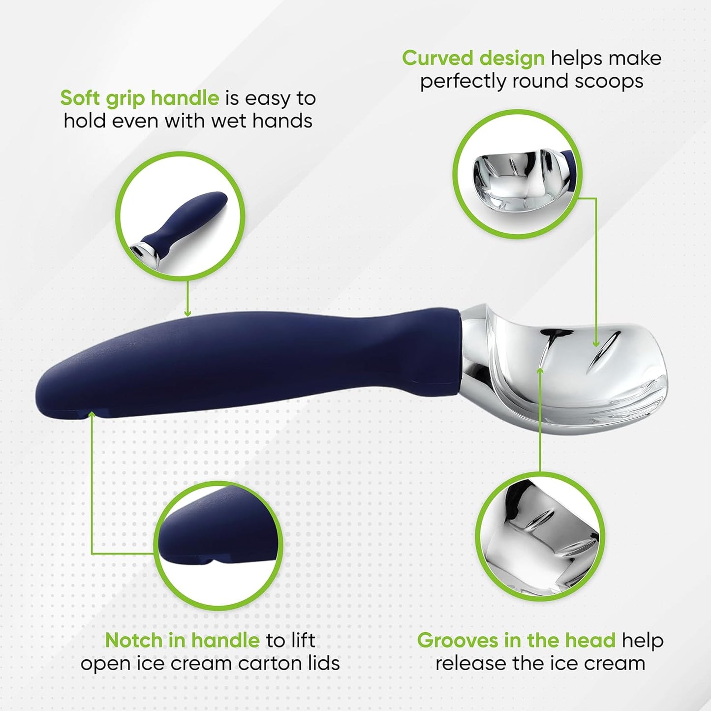 Spring Chef Ice Cream Scoop with Soft Grip Handle, Professional Heavy Duty Sturdy Scooper, Premium Kitchen Tool for Cookie Dough, Gelato, Sorbet, Sapphire