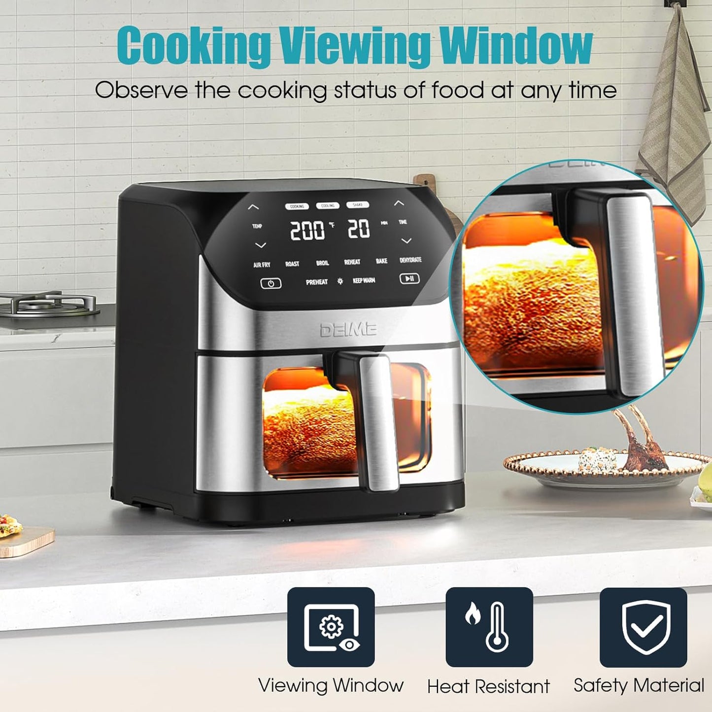 Air Fryer 6.2 QT Large Capacity Oilless Hot Air Fryers Oven 1500W Healthy Cooker with 10 Presets, Digital LCD Touch Screen, Visual Cooking Window, Non-Stick Basket, Included Recipe (Silver-L)