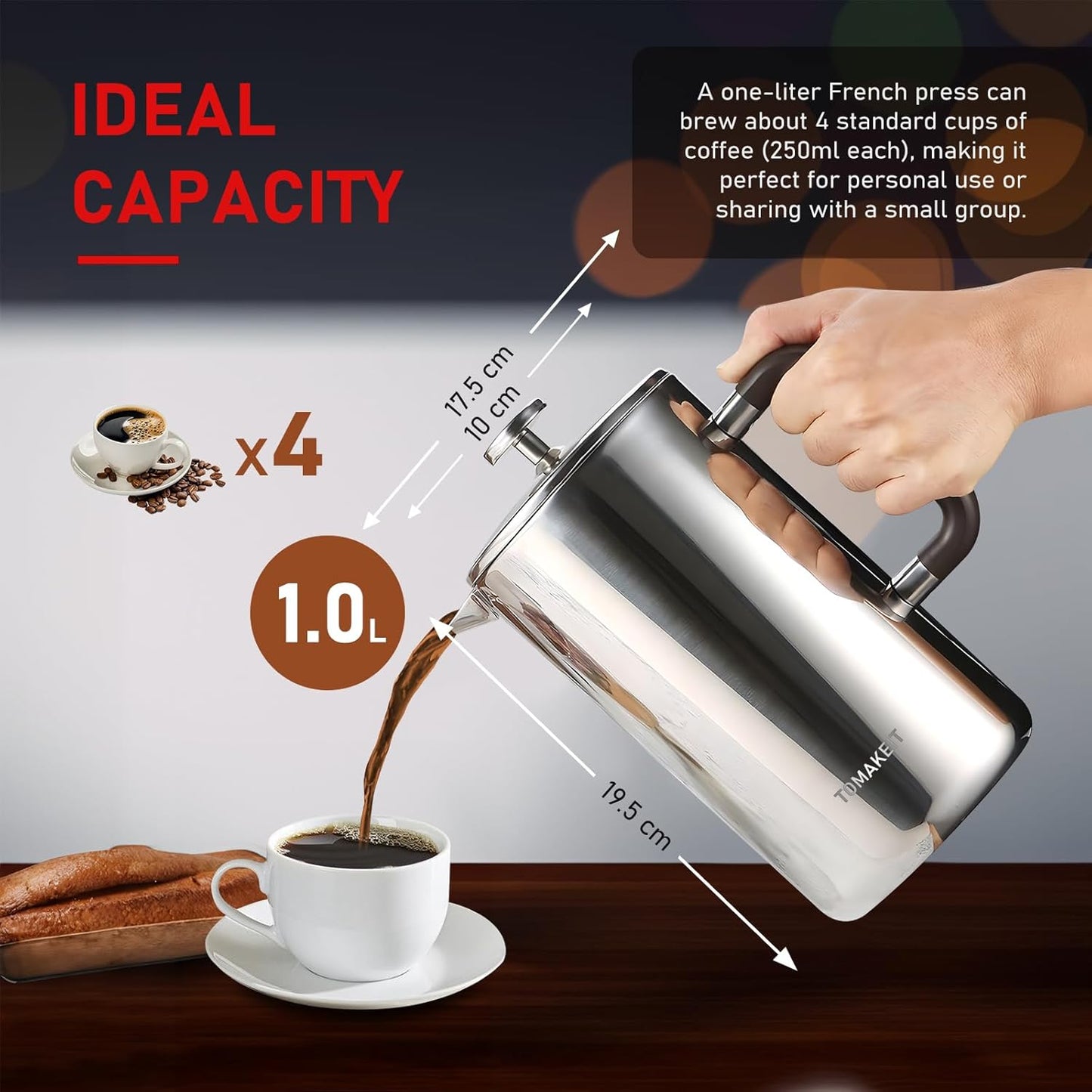 1L/34 Oz French Press Coffee Maker,304 Stainless Steel Coffee Press,Durable & Easy Clean,Leak-Proof Design,Prensa Francesa Para Cafe for Home,Office,Camping