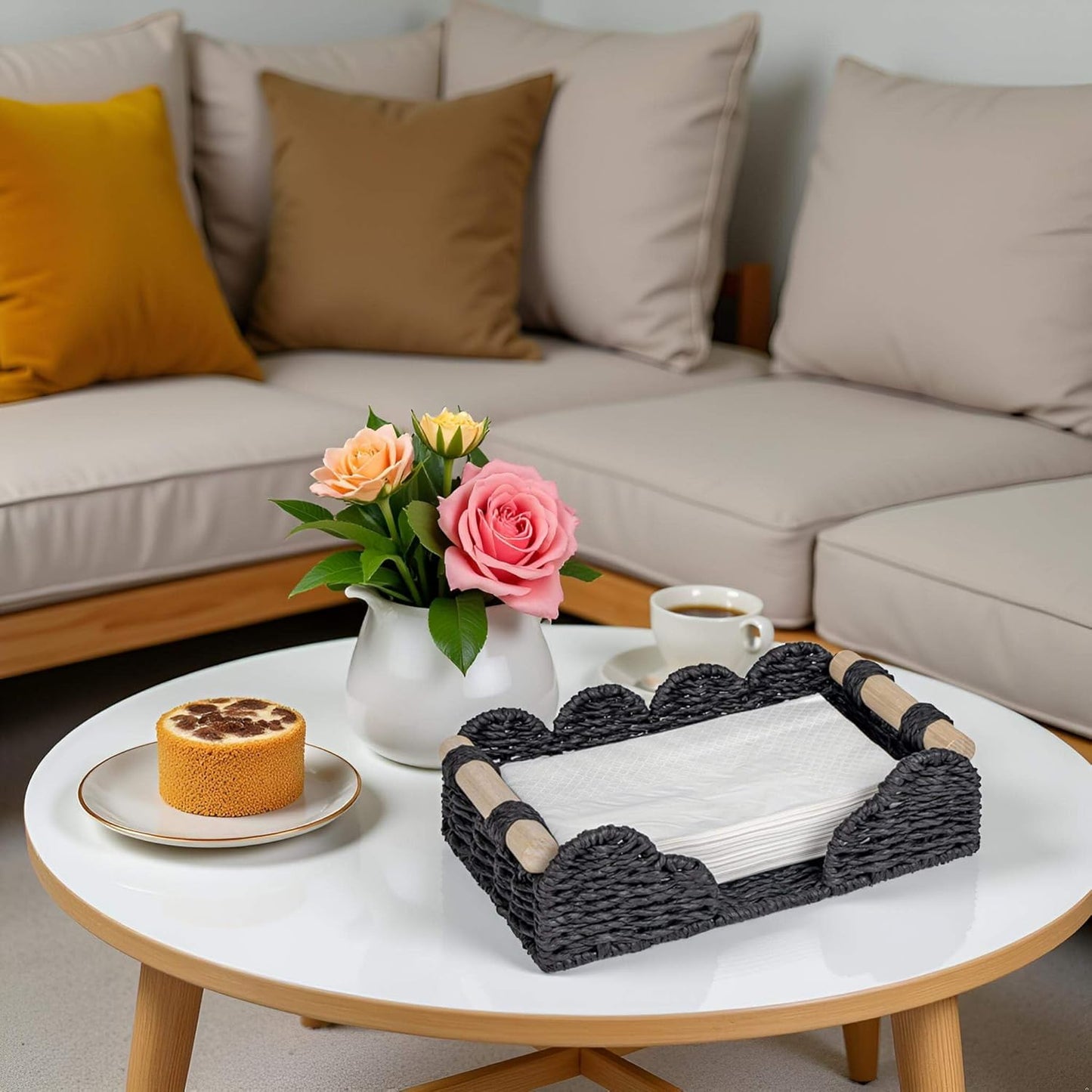 CubesLand Scalloped Napkin Holder for Bathroom Decor, Paper Rope Flat Napkin Dispenser Guest Towel Tray for Bathroom, Farmhouse Warm Napkin Holder for Table Dining Room Home Kitchen Decor, Black