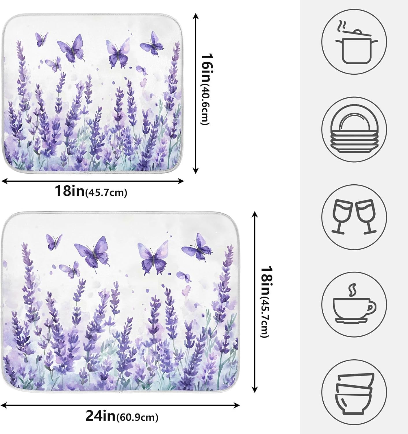 Purple Lavender Spring Summer Flower Floral Dish Drying Mat for Kitchen Counter Absorbent Microfiber Large Drying Pad Dish mats for Kitchen Countertops 18 x 24 Inch