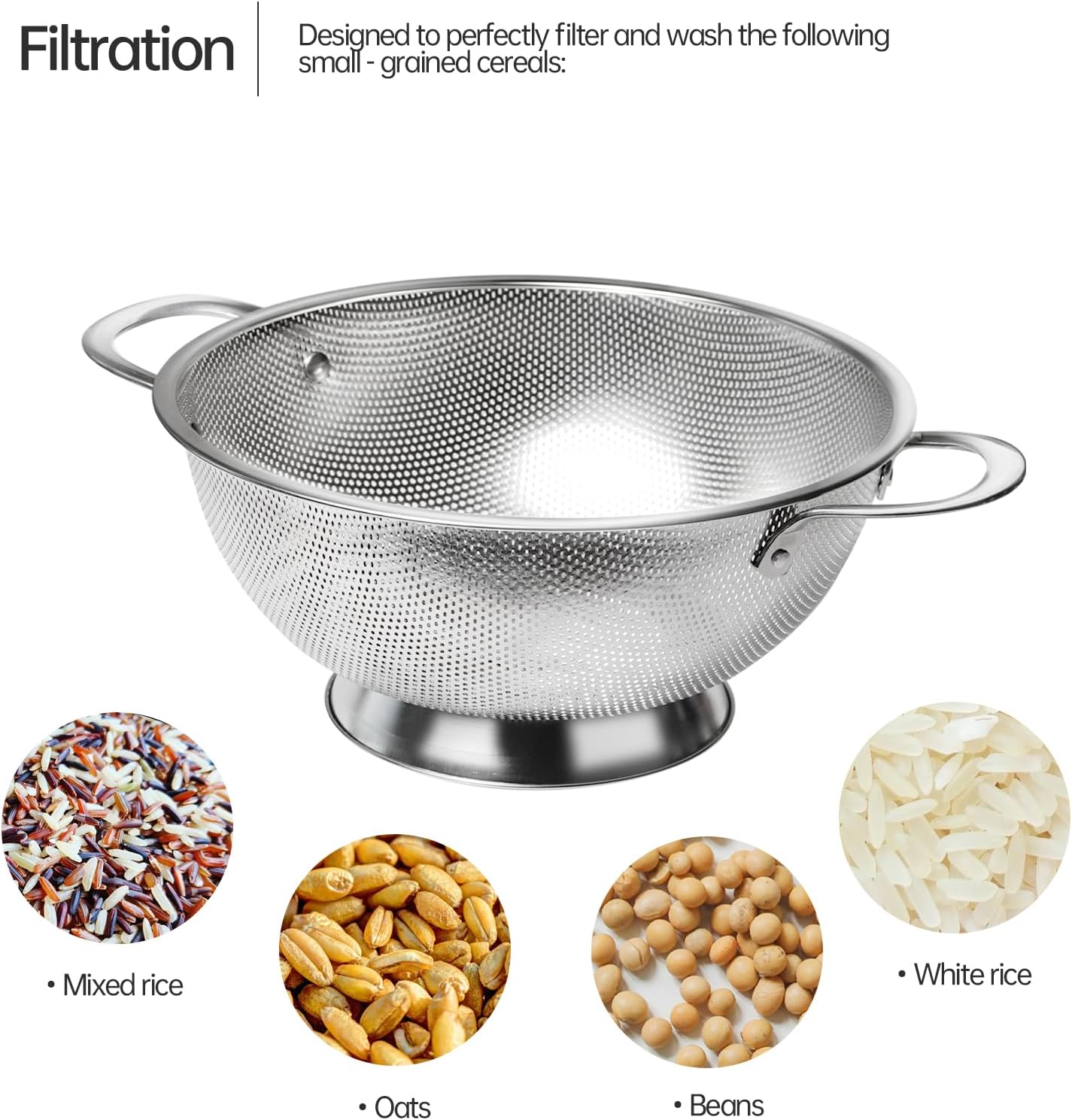 Premium Stainless Steel Colander for Kitchen, Food Strainer Basket with Handle and Solid Ring Base for Fruits Vegetables Rice and Pasta, Dishwasher Safe (3QT+5QT)