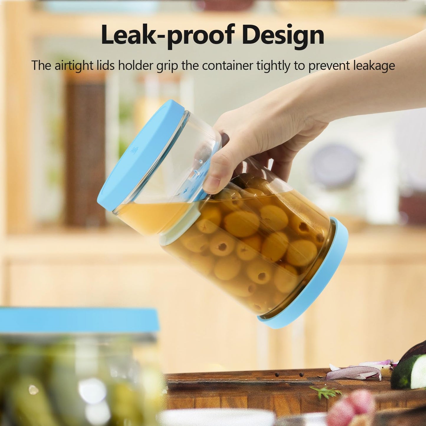 Glass Pickle Container with Strainer for Pickle Lover - 45OZ Leakproof Juice Separator Jar for Gherkin, Olive or Chilli, Dishwasher and Refrigerator Safe, BPA Free (Blue, 45 oz*2 pcs)