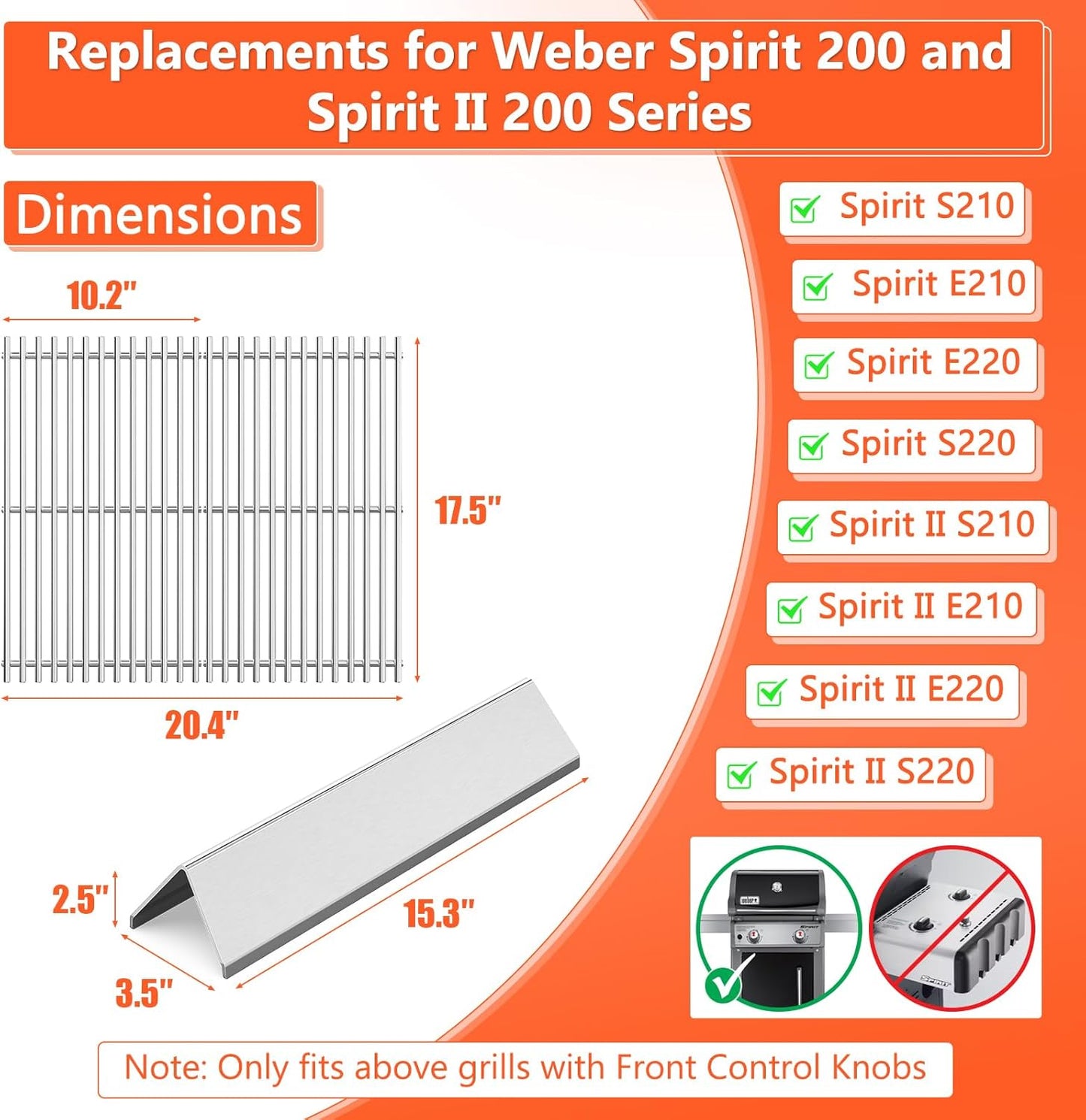 QuliMetal Upgraded SUS304 15.3" Flavorizer Bars & 17.5" Grates for Weber Spirit 200 Series (Front-Mounted Control), Spirit II E-210 Gas Grills Replacement, Grill Parts for Weber GS4 Spirit 7635 7637