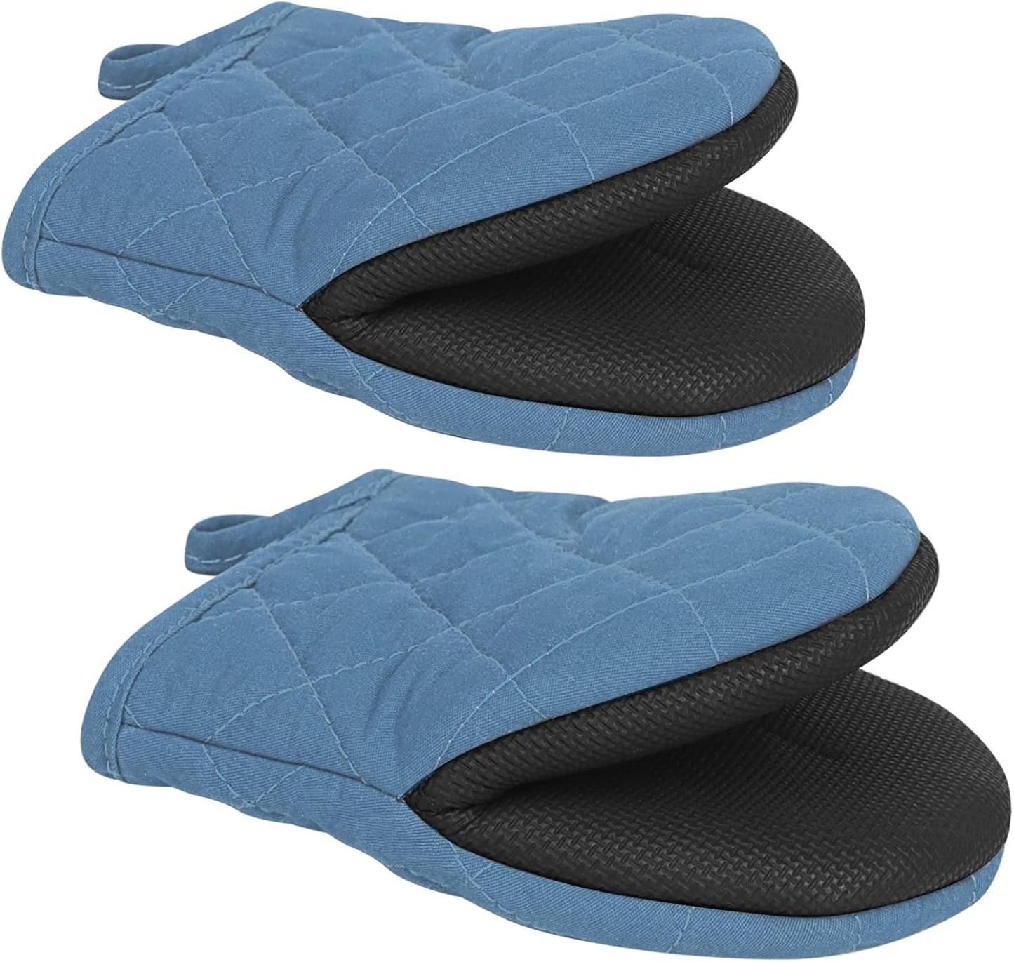 Qulable 1 Pair Short Oven Mitts - Silicone Kitchen Oven Gloves High Heat Resistant 500℉, Mini Oven Mits with Non-Slip Grip Surfaces and Hanging Loop for BBQ, Baking, Cooking and Grilling (Bule)