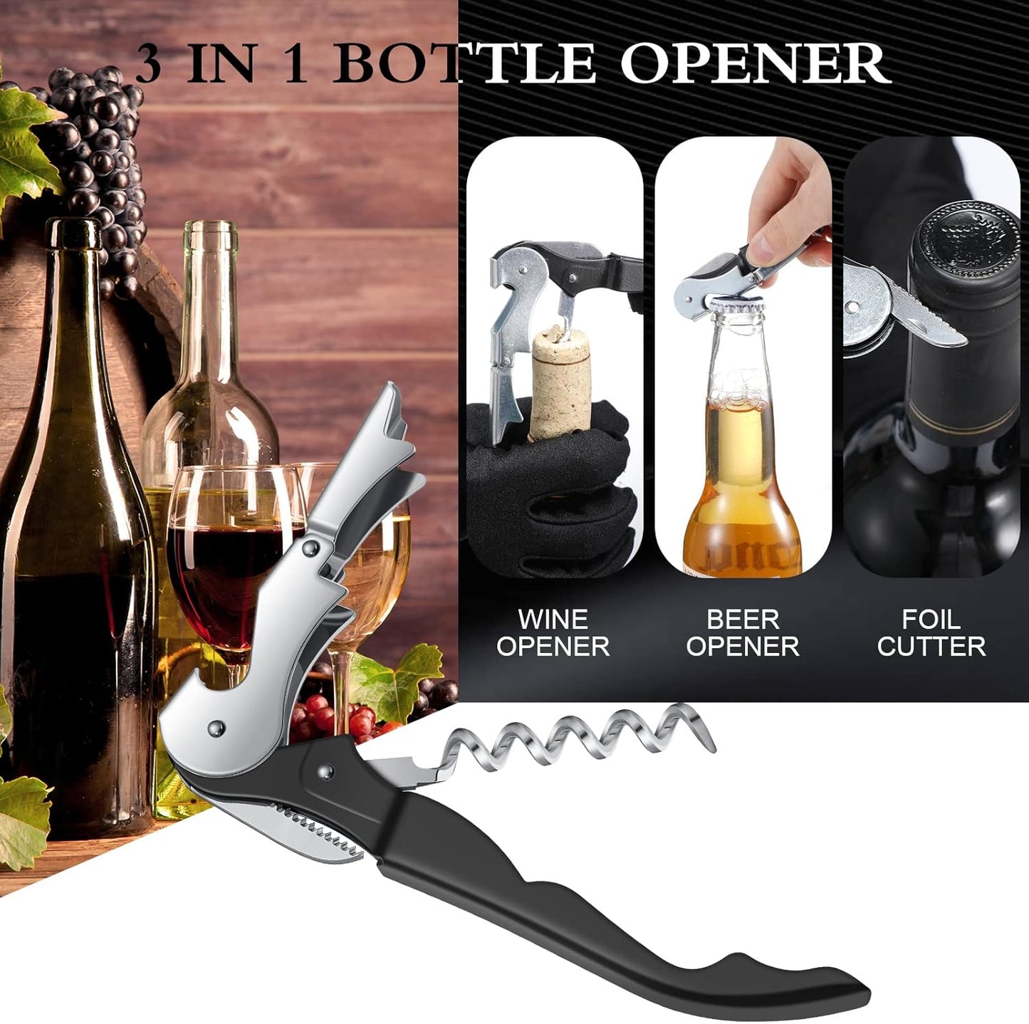 Waiter Corkscrew Wine Openers Heavy Duty Hinges Wine Key Bottle Opener All in One Double Hinged Waiter's Corkscrew with Foil Cutter Wine Tools for Bartenders Servers Sommelier (Black, 100 Pack)