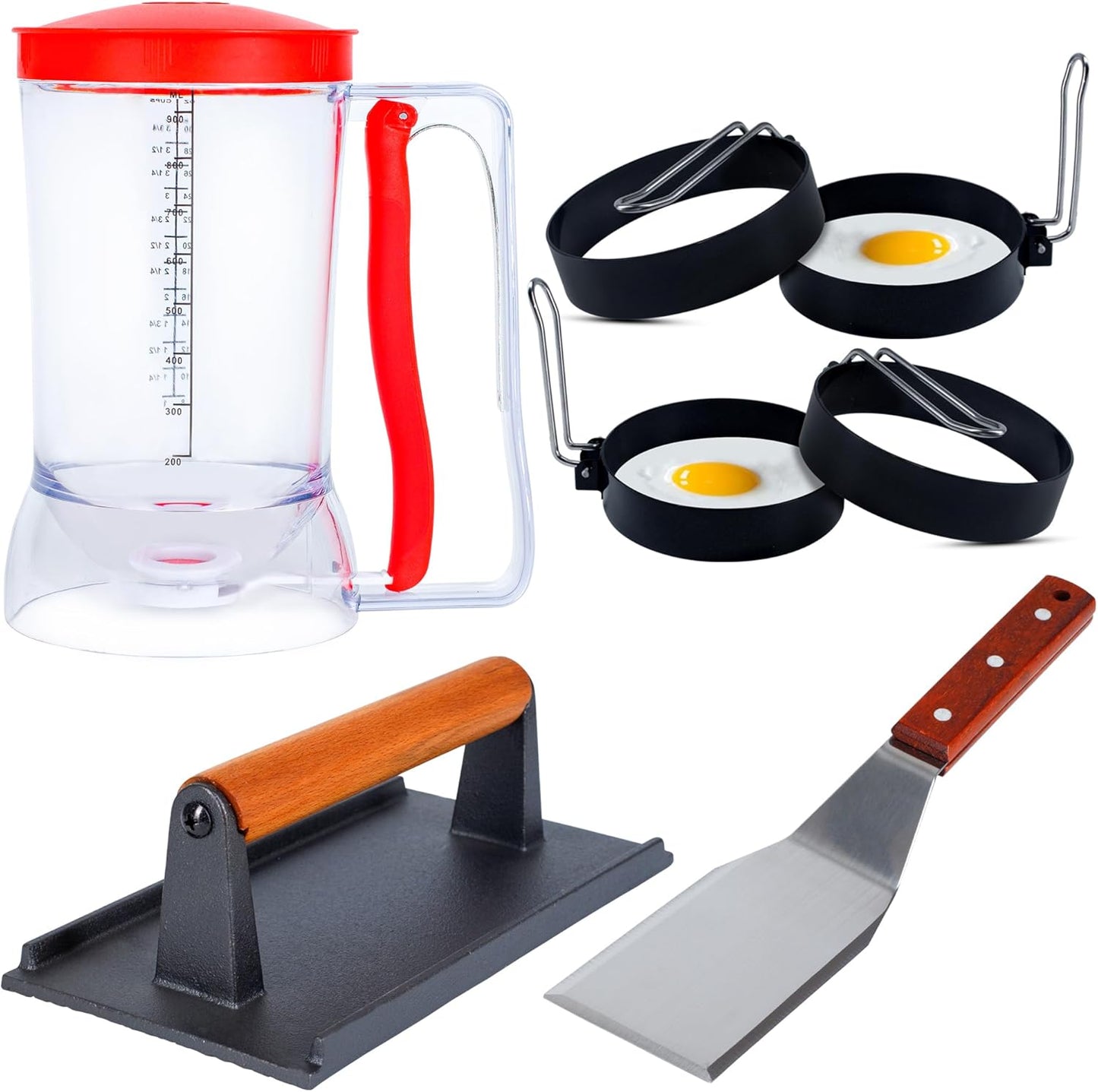 Eggssentials Griddle Breakfast Kit Compatible with Blackstone Griddle, Pancake Batter Dispenser, Bacon Press, 4 Egg Rings & Stainless Steel Spatula - Best for Indoor-Outdoor Cooking.