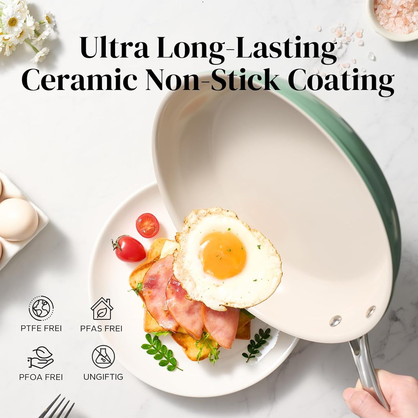 Redchef Ceramic Non Stick Egg Pans, Nonstick Frying Pan Skillet, 8 inch Cooking Pan Non Toxic with Stay Cool Handle for Induction, PTFE & PFAS & PFOA Free, Dishwasher/Oven Safe (Green)