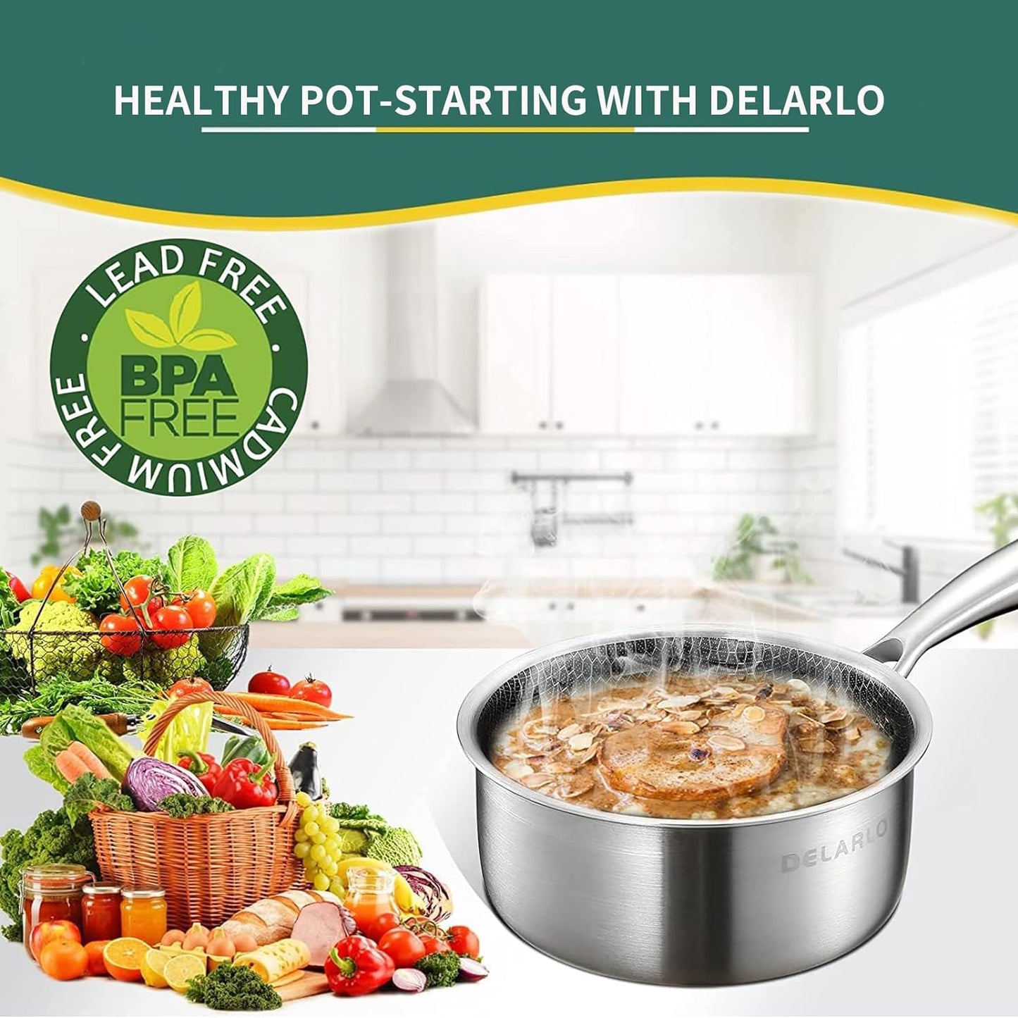 DELARLO Tri-Ply Hybrid Stainless Steel Sauce Pan, Hybird 1.5QT Non Stick Pots, All Stove Safe Up to 600℉, Sauce Pot 1.5 Quart Non Stick Sauce Pan, Saucier Pan, Honeycomb Pan,Small Saucepan, Lids 300℉