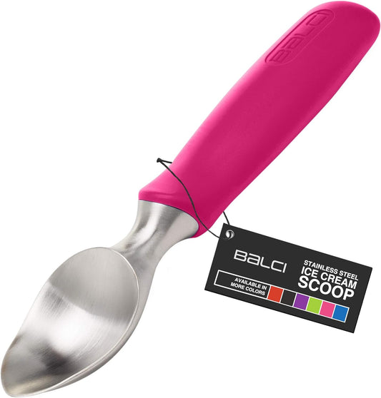 BALCI Ice Cream Scoop - Heavy Duty Stainless Steel Icecream Scooper With Non-Slip Rubber Grip - Professional Metal Ice-Cream Spade - Dishwasher Safe – Pink