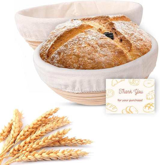 Banneton Bread Proofing Basket Set of 2 (9 Inch, Unbleached Rattan) – Round Dough Proofing Bowls with Cloth Liners for Artisan Sourdough Bread