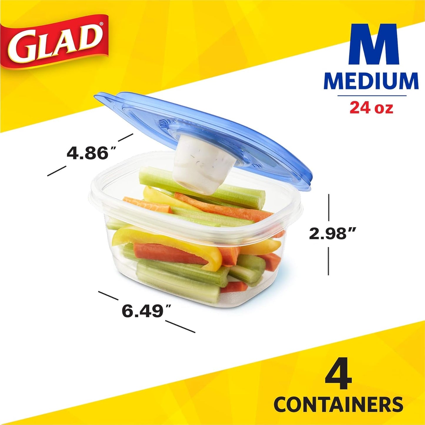 Glad GladWare To Go Snack Food Storage Containers - Medium Round - Meal Container Holds up to 24 Ounces of Food - Lock Tight Seal, 4 Count - 6 Pack