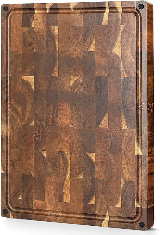 XINZUO Large Thick End Grain Acacia Wood Cutting Board- (19''L x 14''W x 1.5''T) Reversible Wooden Chopping Board with Non-Slip Feet, Built-in Handles and Juice Groove- Butcher Block Cutting Board