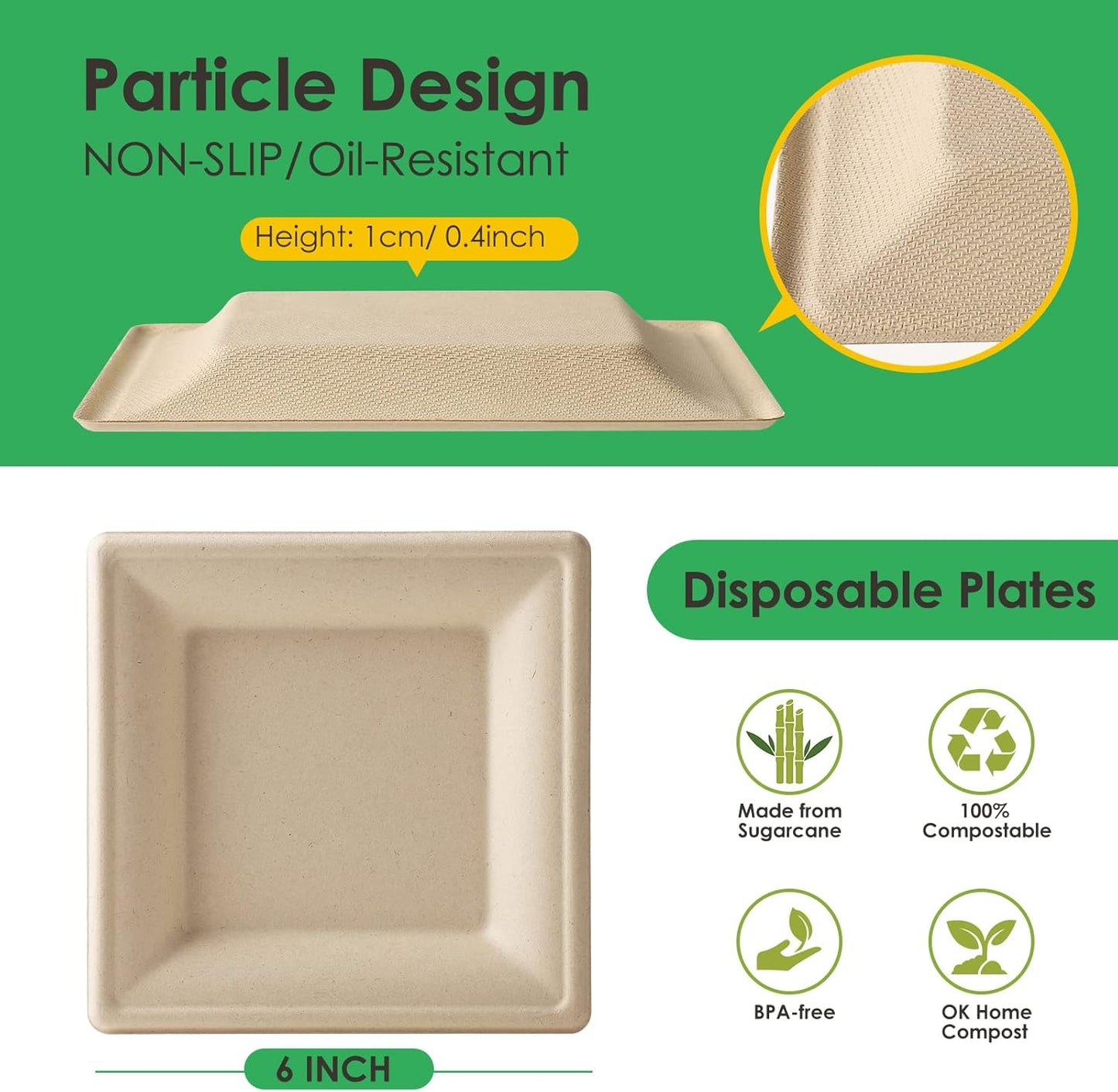 Gezond 100 Pack Compostable Square Plates 6 Inch Disposable Paper Plates Sugarcane Cake Plates for Party Unbleached Eco-friendly Salad Plates Biodegradable