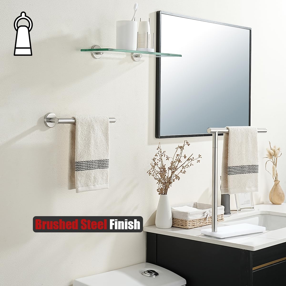 JQK Hand Towel Holder Towel Ring, 10 Inch Thicken 0.8mm 304 Stainless Steel Bathroom Hand Towel Bar, 9 Inch Useable Length Wall Mount Towel Rack Hanger, Brushed Steel, THH110L9-BN