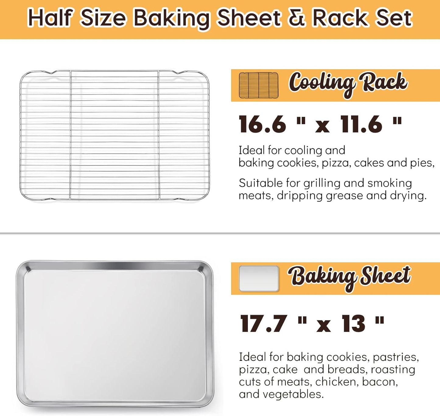 E-far Cookie Sheet with Rack Set, Half Sheet Baking Pan for Oven Cooking, 18”x13” Stainless Steel Rimmed Tray with Wire Cooling Rack for Roasting Broiling Bacon Meat Steak - Dishwasher Safe