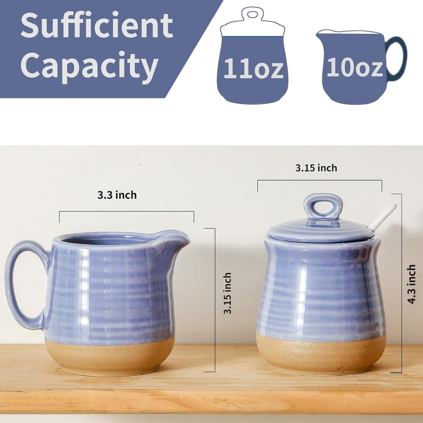 Hasense Sugar and Creamer Set with Lid Spoon, Porcelain Cream Container and Sugar Bowls Set for Countertop, Vintage Coffee Serving Set, Sugar Holder and Creamer Pitcher Set for Home Decor, Sky Blue