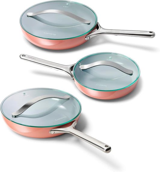 Caraway Ceramic Nonstick Fry Pan Set with Glass Lids – Includes Two 10.5” Fry Pans, One 8” Fry Pan, & Three Lids - Non Toxic, PTFE & PFOA Free - Oven Safe & Compatible with All Stovetops - Perracotta