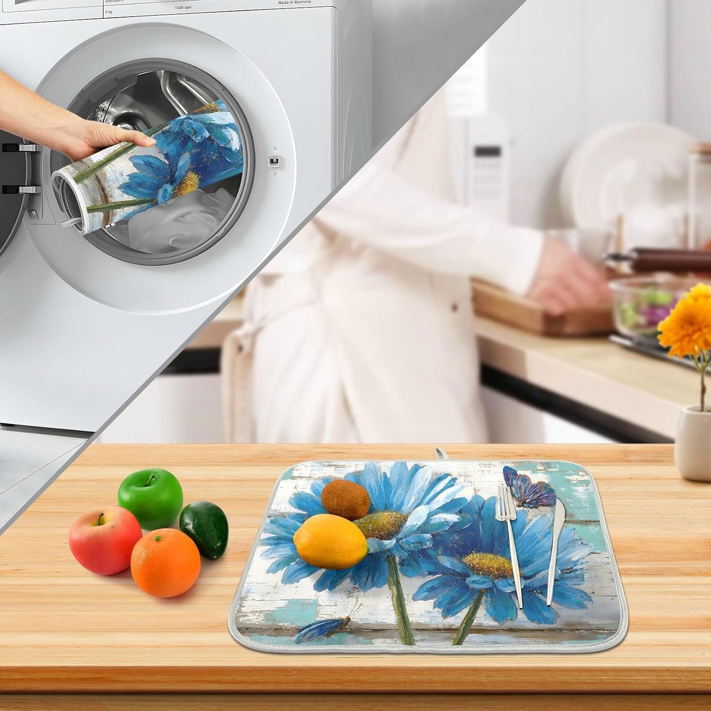 Rustic Daisy Blue on Vintage Wooden Dish Drying Mat for Kitchen Counter Absorbent Microfiber Large Drying Pad Dish mats for Kitchen Countertops 18 x 24 Inch