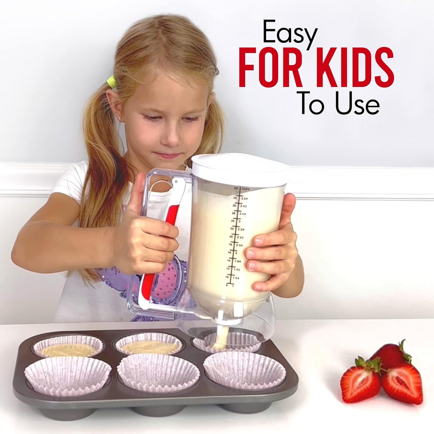 Kid Friendly Mess Free Pancake Cupcake Batter Dispenser Squeeze Handle for Precise Portion Control, Great for Waffles, Crepes | 4 Cup Capacity (White)
